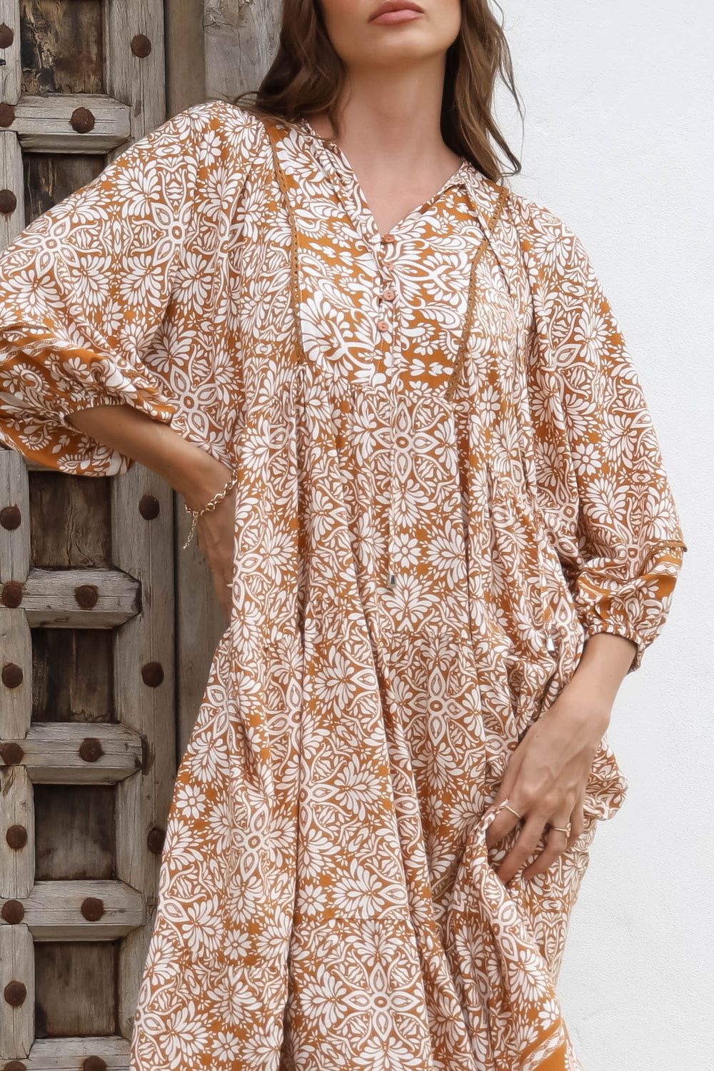 Kamali Midi Dress - Batwing Sleeve Smock Dress with Lace Detailing in Harley Print Rust