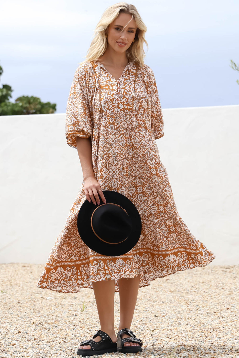 Kamali Midi Dress - Batwing Sleeve Smock Dress with Lace Detailing in Harley Print Rust