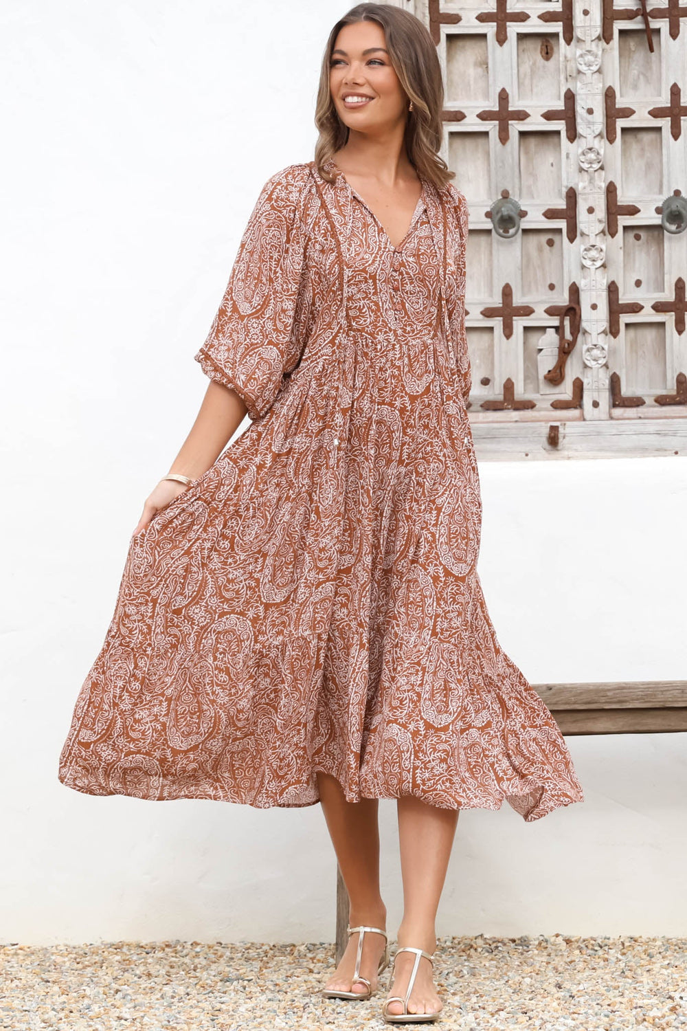 Kamali Midi Dress - Batwing Sleeve Smock Dress with Lace Detailing in Khalid Print Rust
