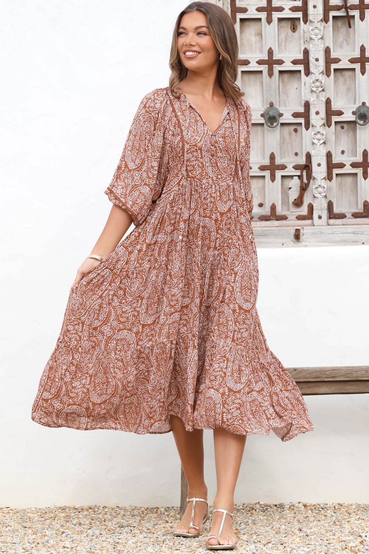 Kamali Midi Dress - Batwing Sleeve Smock Dress with Lace Detailing in Khalid Print Rust