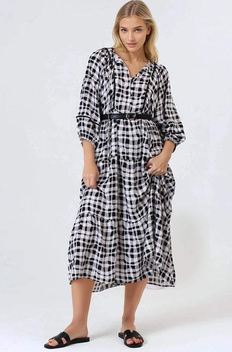 Kamali Midi Dress - Batwing Sleeve Smock Dress with Lace Detailing in Liniker Print Black