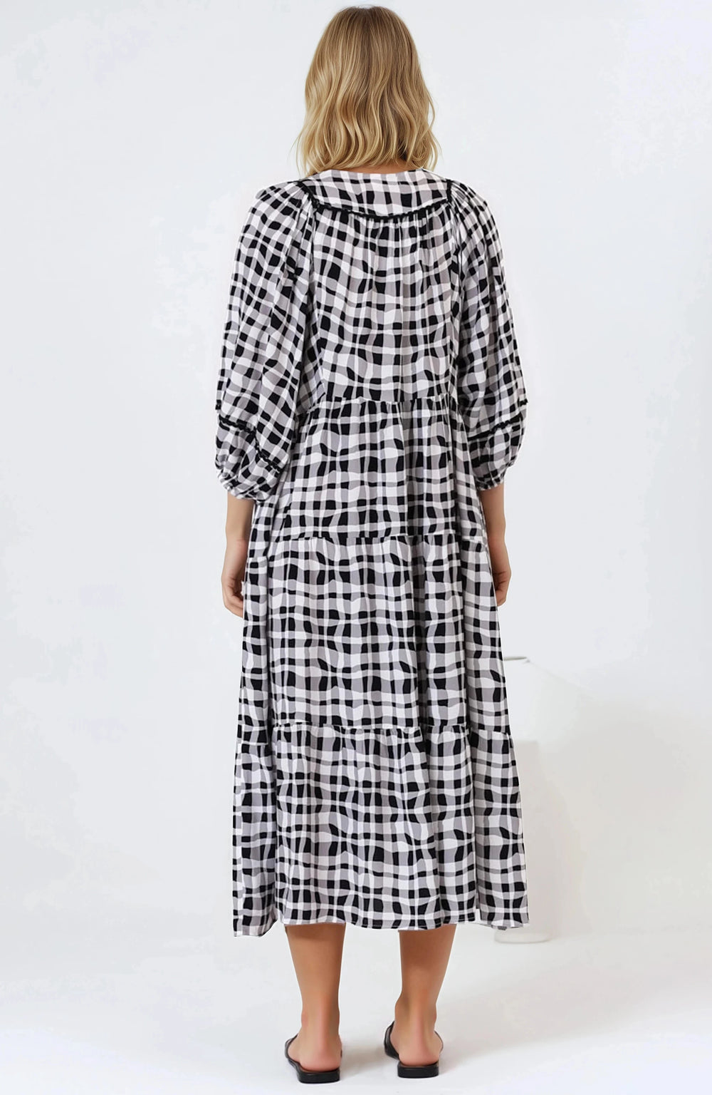 Kamali Midi Dress - Batwing Sleeve Smock Dress with Lace Detailing in Liniker Print Black
