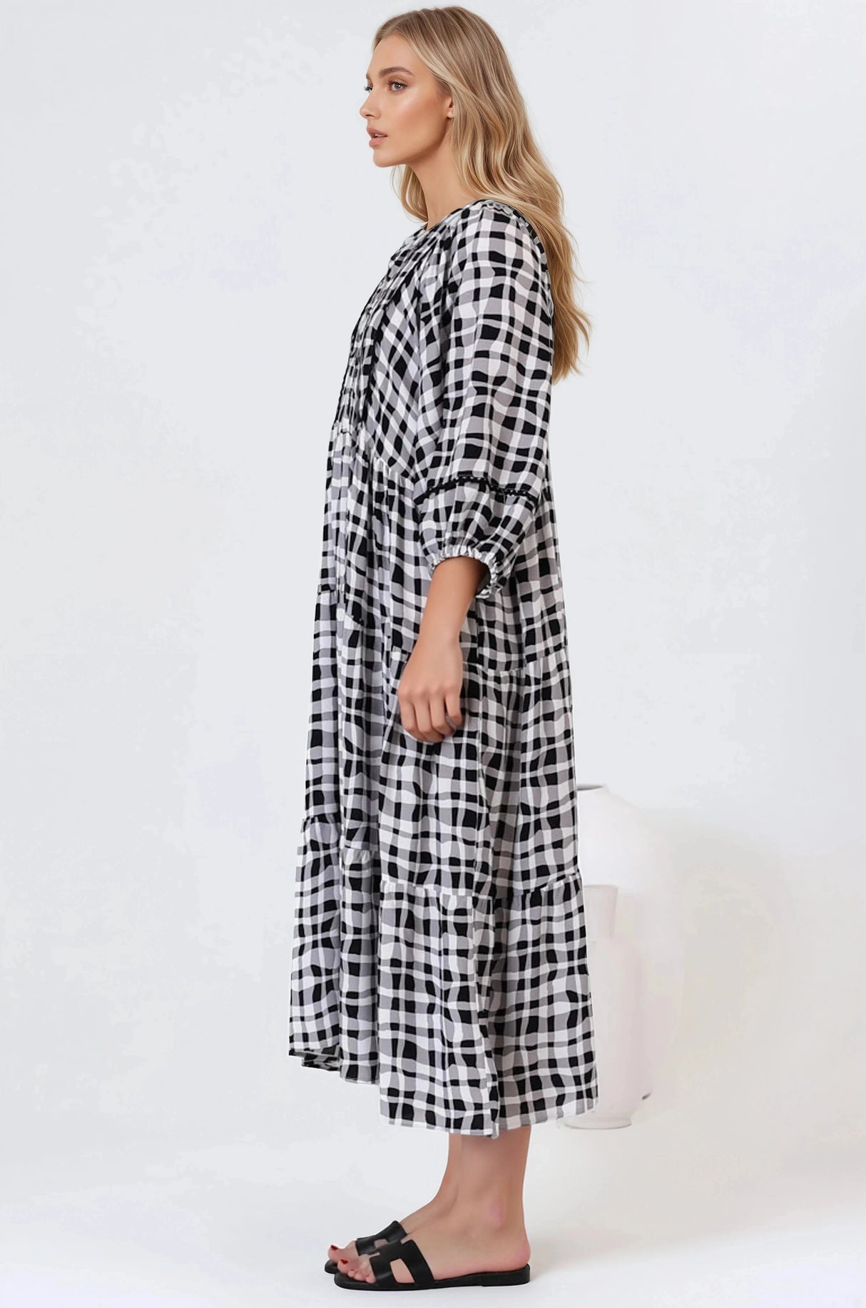 Kamali Midi Dress - Batwing Sleeve Smock Dress with Lace Detailing in Liniker Print Black