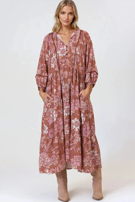 Kamali Midi Dress - Batwing Sleeve Smock Dress with Lace Detailing in Luedi Print in Rust