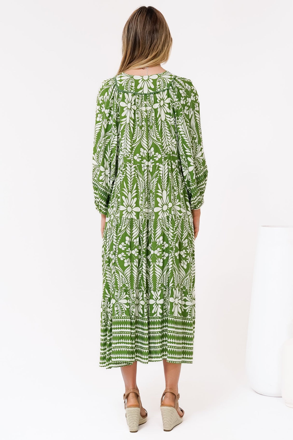 Kamali Midi Dress - Batwing Sleeve Smock Dress with Lace Detailing in Marette Print Green