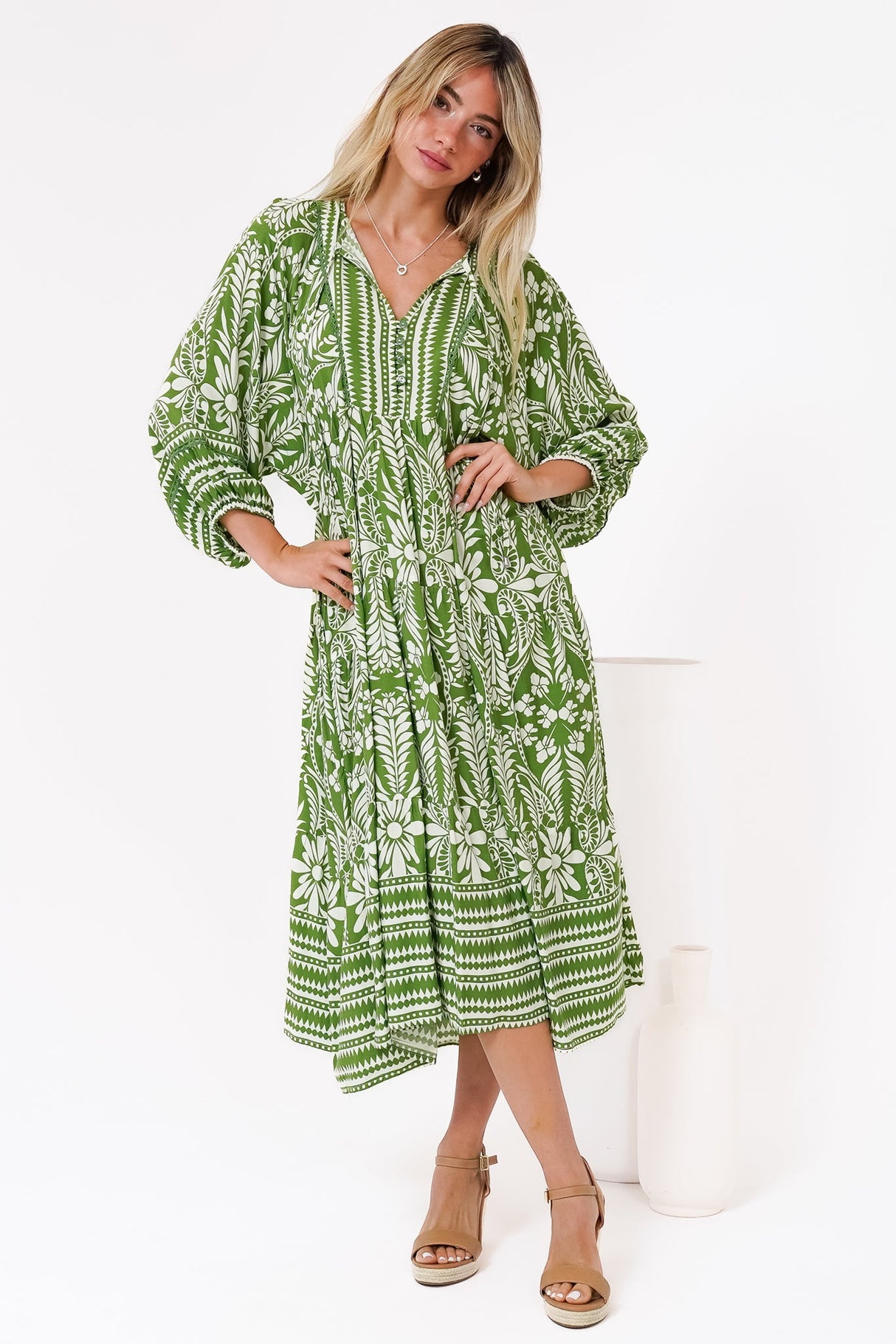 Kamali Midi Dress - Batwing Sleeve Smock Dress with Lace Detailing in Marette Print Green