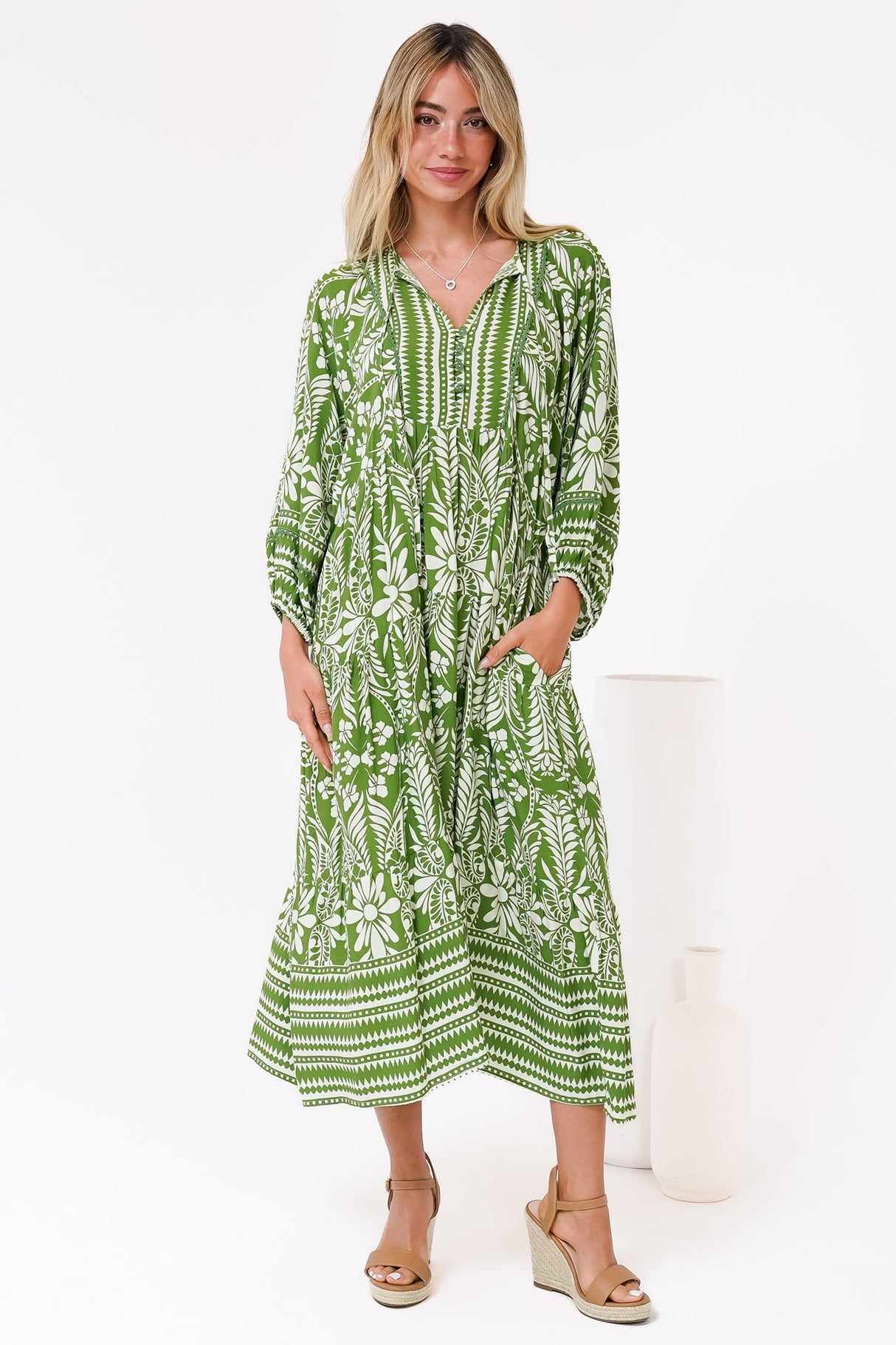 Kamali Midi Dress - Batwing Sleeve Smock Dress with Lace Detailing in Marette Print Green