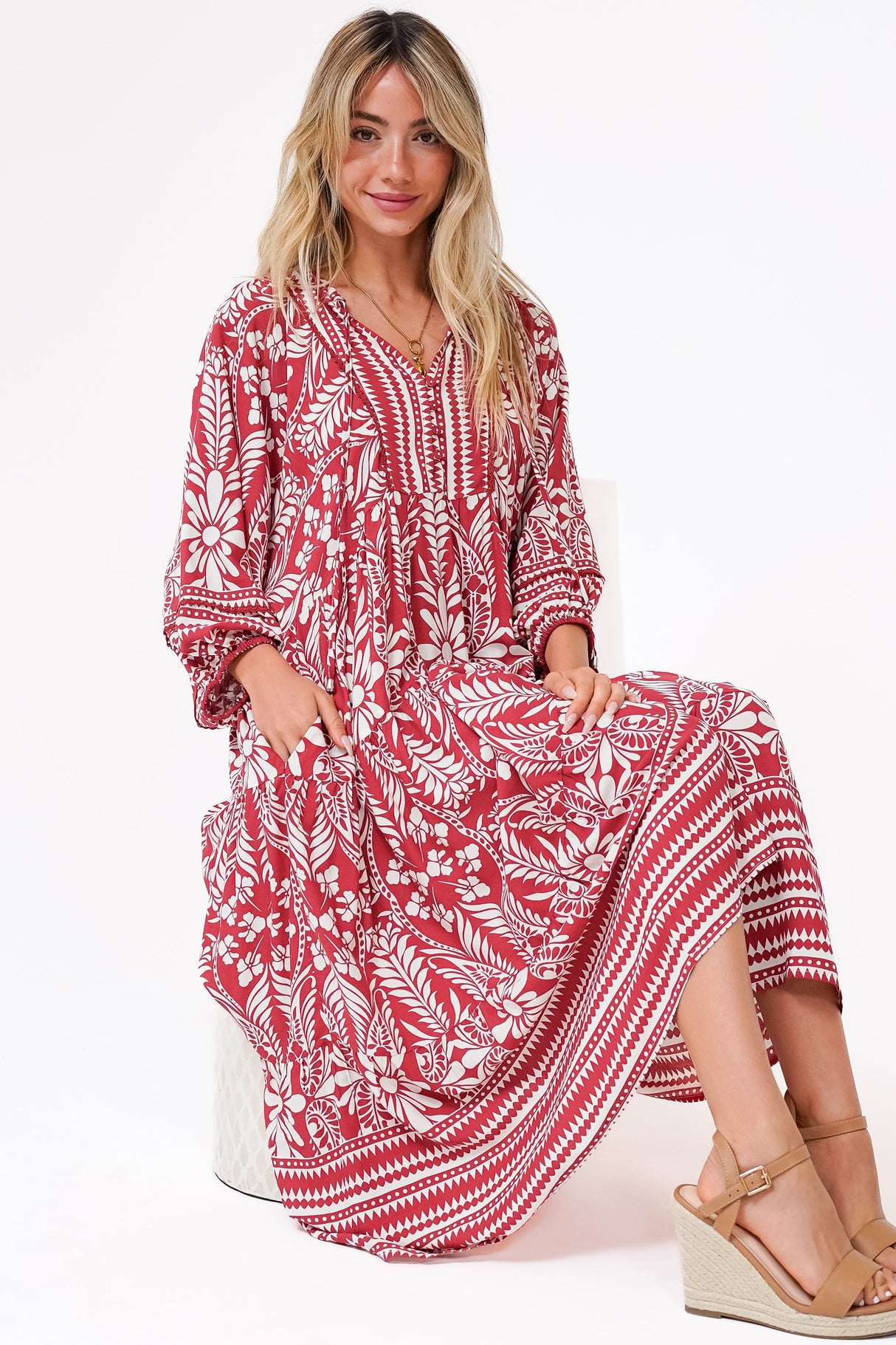 Kamali Midi Dress - Batwing Sleeve Smock Dress with Lace Detailing in Marette Print Red