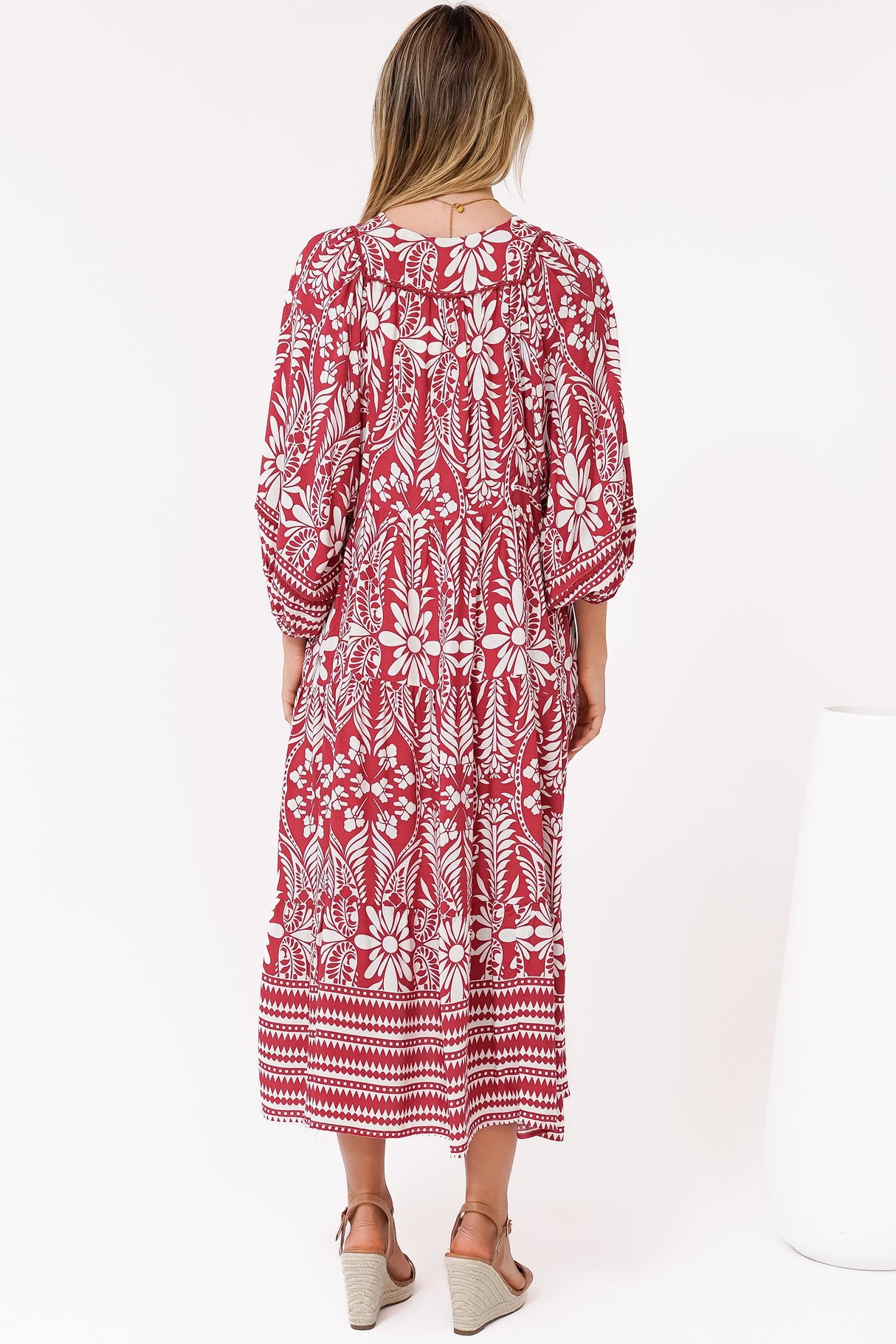 Kamali Midi Dress - Batwing Sleeve Smock Dress with Lace Detailing in Marette Print Red