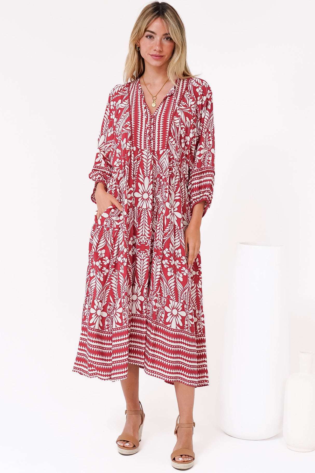 Kamali Midi Dress - Batwing Sleeve Smock Dress with Lace Detailing in Marette Print Red