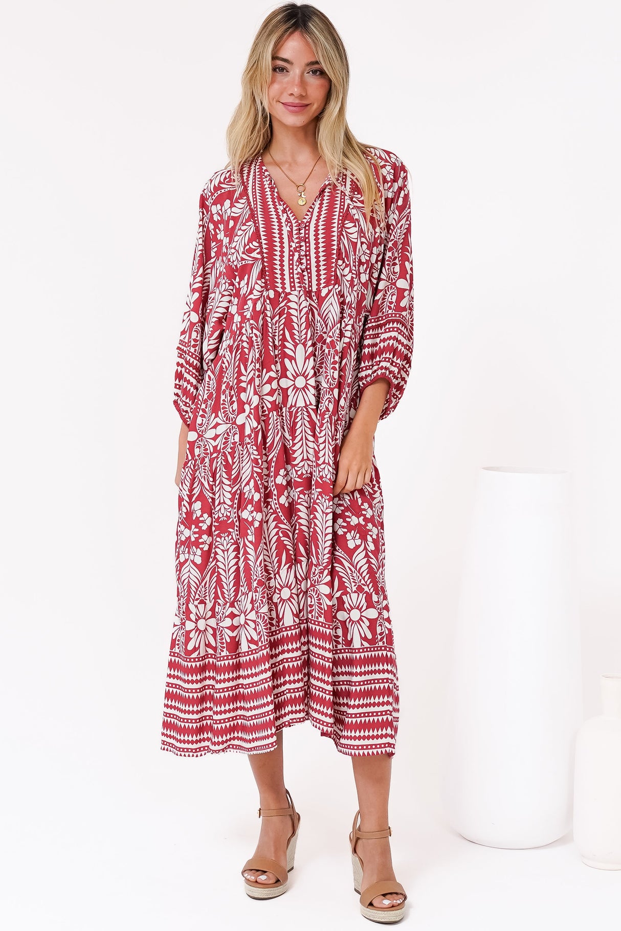 Kamali Midi Dress - Batwing Sleeve Smock Dress with Lace Detailing in Marette Print Red