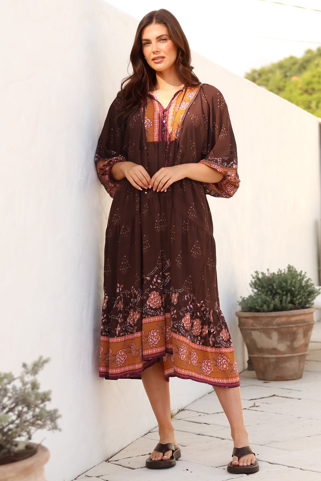 Kamali Midi Dress - Batwing Sleeve Smock Dress with Lace Detailing in Ruyi Print Brown
