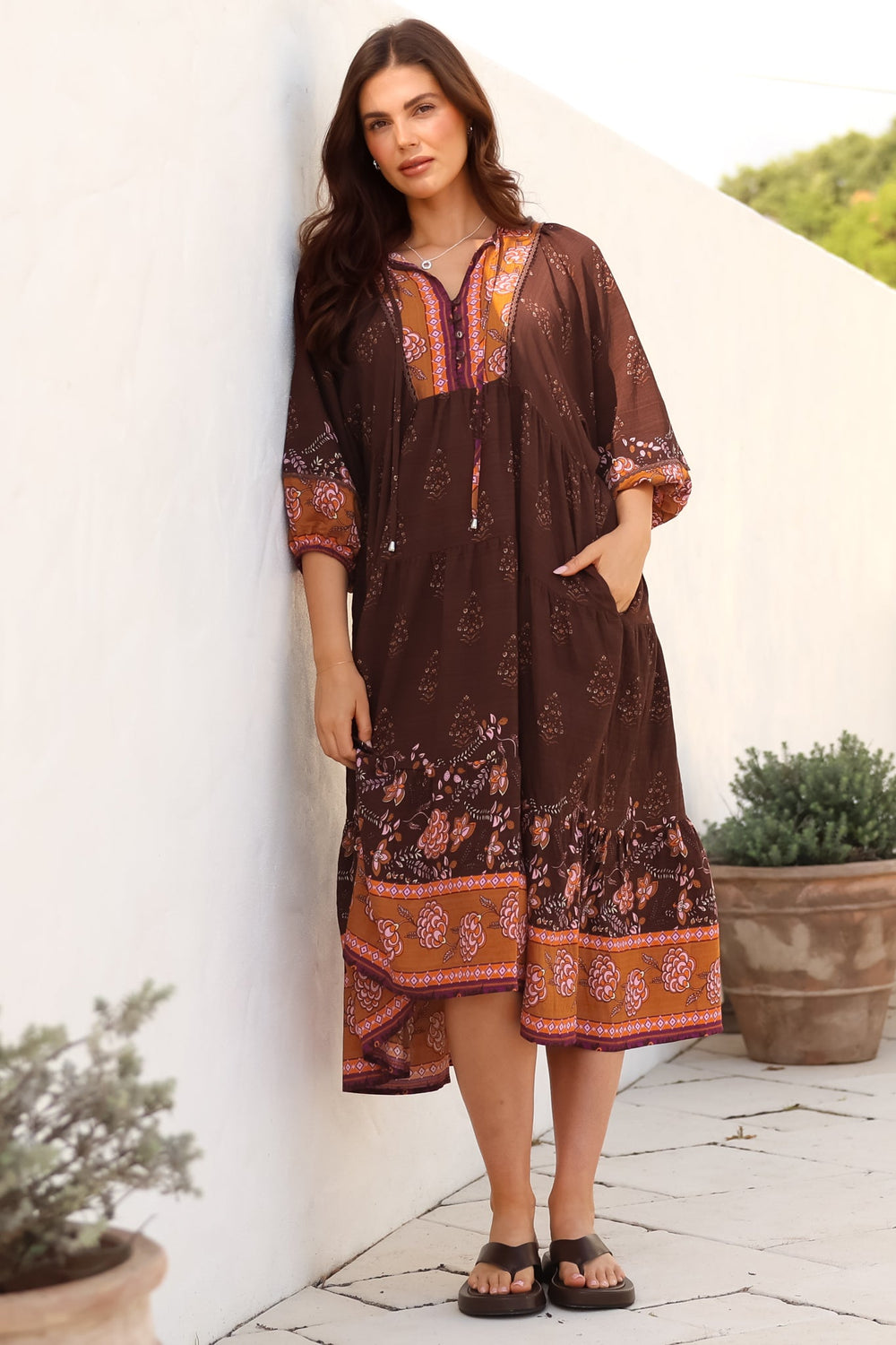 Kamali Midi Dress - Batwing Sleeve Smock Dress with Lace Detailing in Ruyi Print Brown