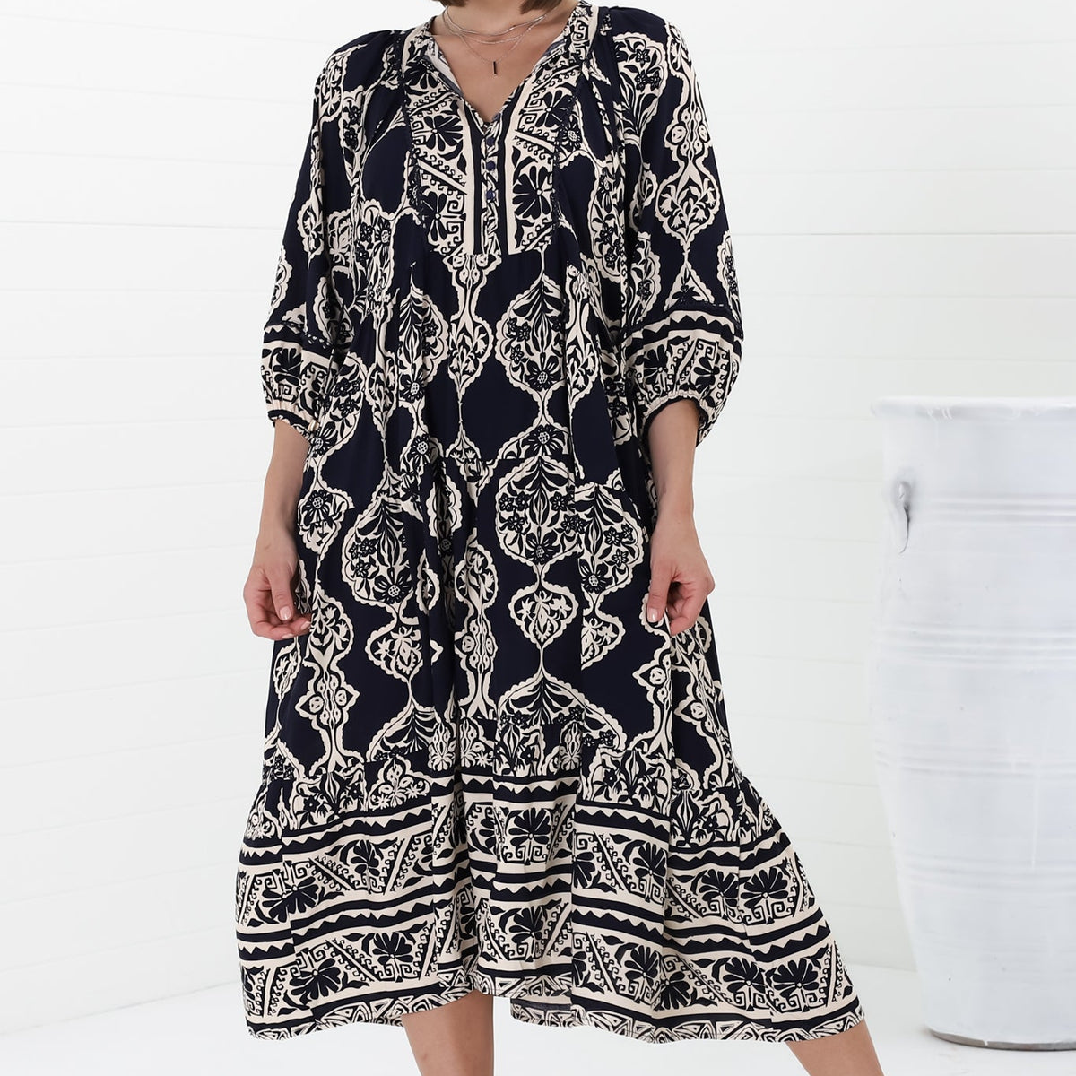 Vivo Takali Frilled Midi Dress - Navy