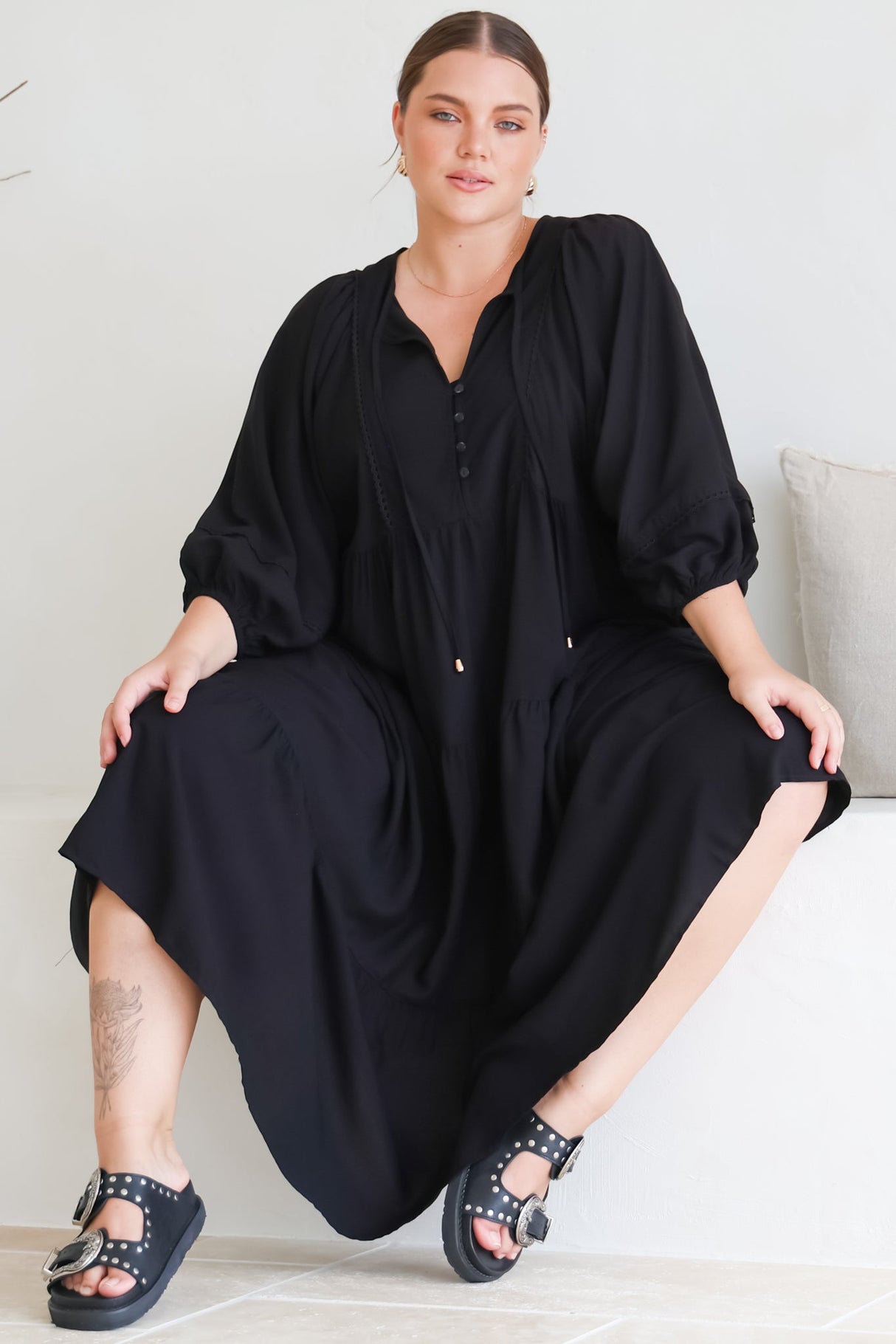 Kamali Midi Dress - Batwing Sleeve Smock Dress with Lace Detailing in Black
