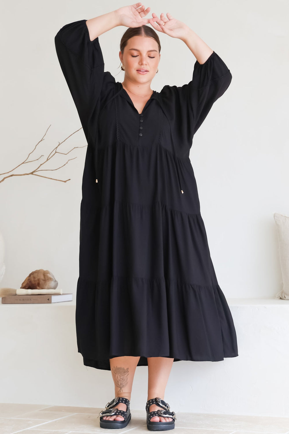 Kamali Midi Dress - Batwing Sleeve Smock Dress with Lace Detailing in Black