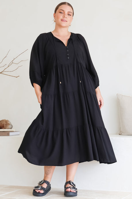 Kamali Midi Dress - Batwing Sleeve Smock Dress with Lace Detailing in Black