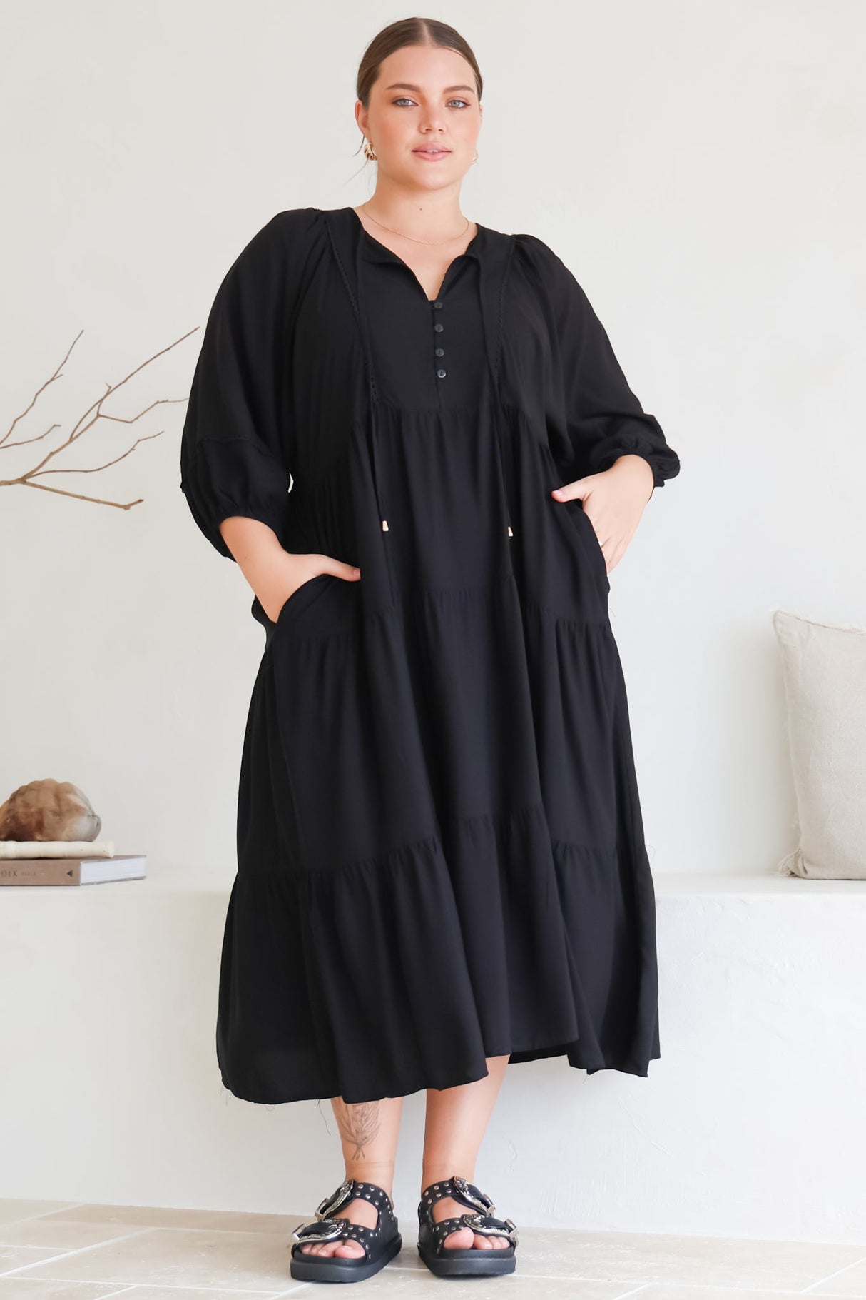 Kamali Midi Dress - Batwing Sleeve Smock Dress with Lace Detailing in Black