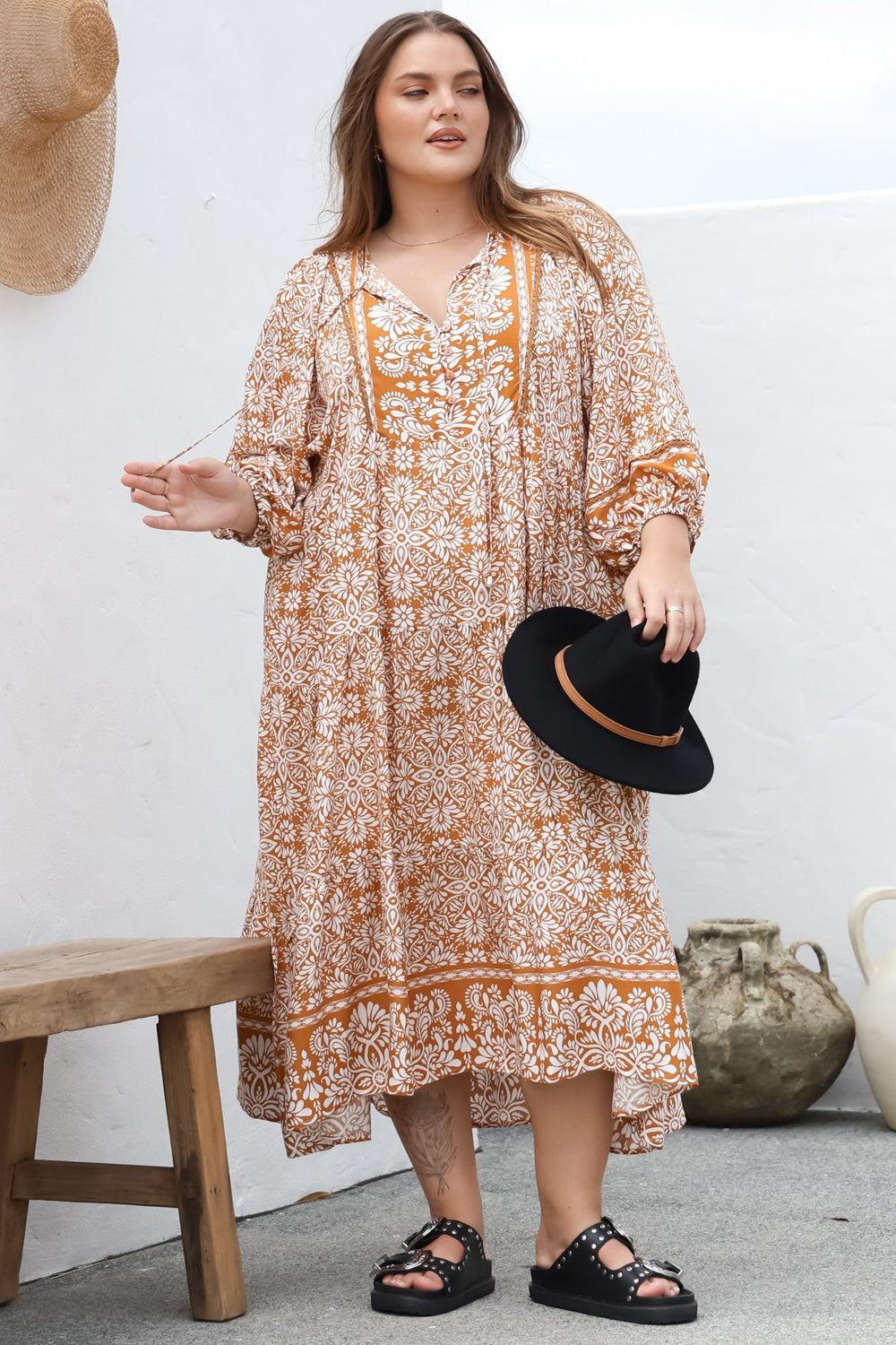 Kamali Midi Dress - Batwing Sleeve Smock Dress with Lace Detailing in Harley Print Rust