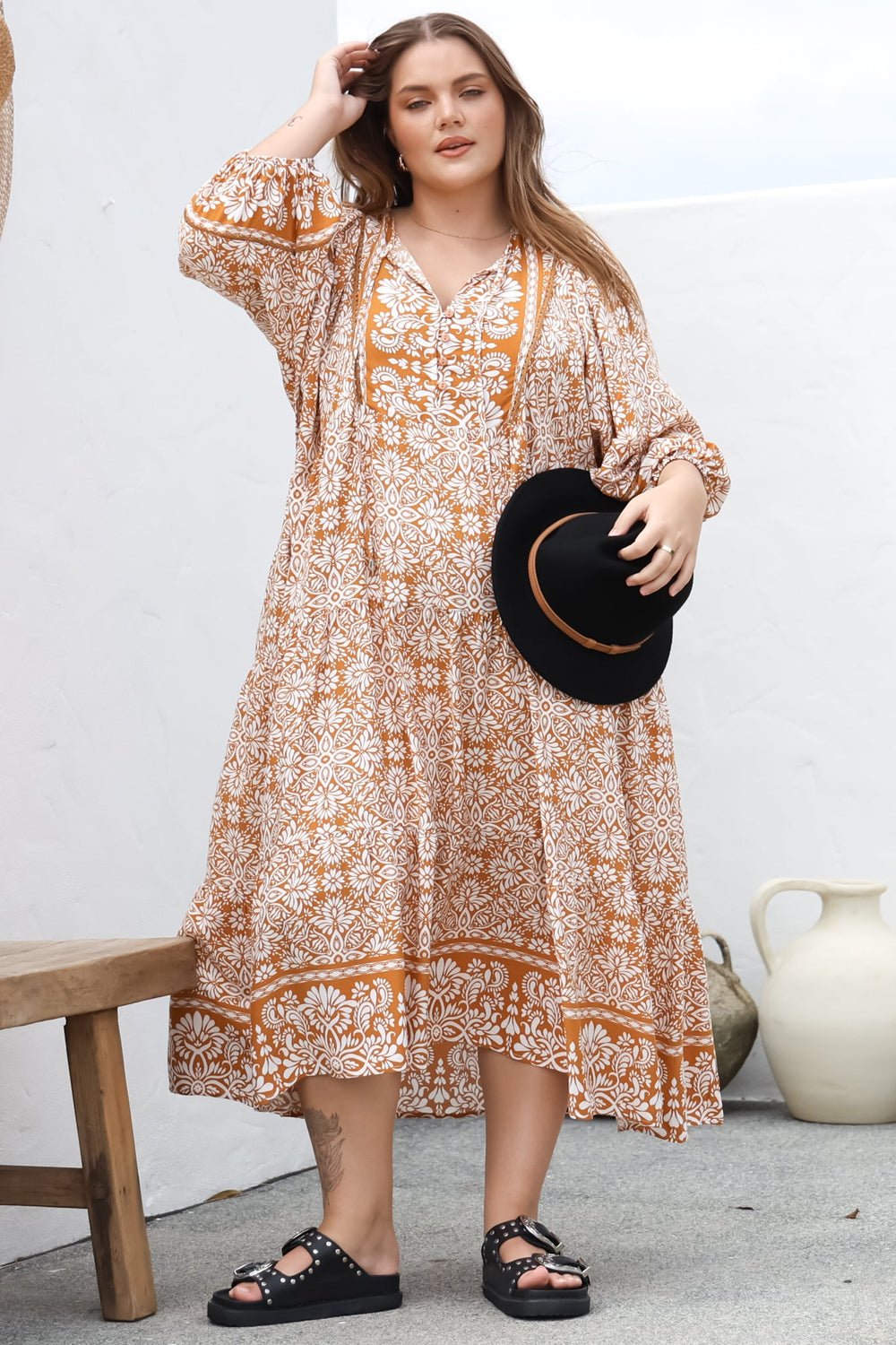 Kamali Midi Dress - Batwing Sleeve Smock Dress with Lace Detailing in Harley Print Rust