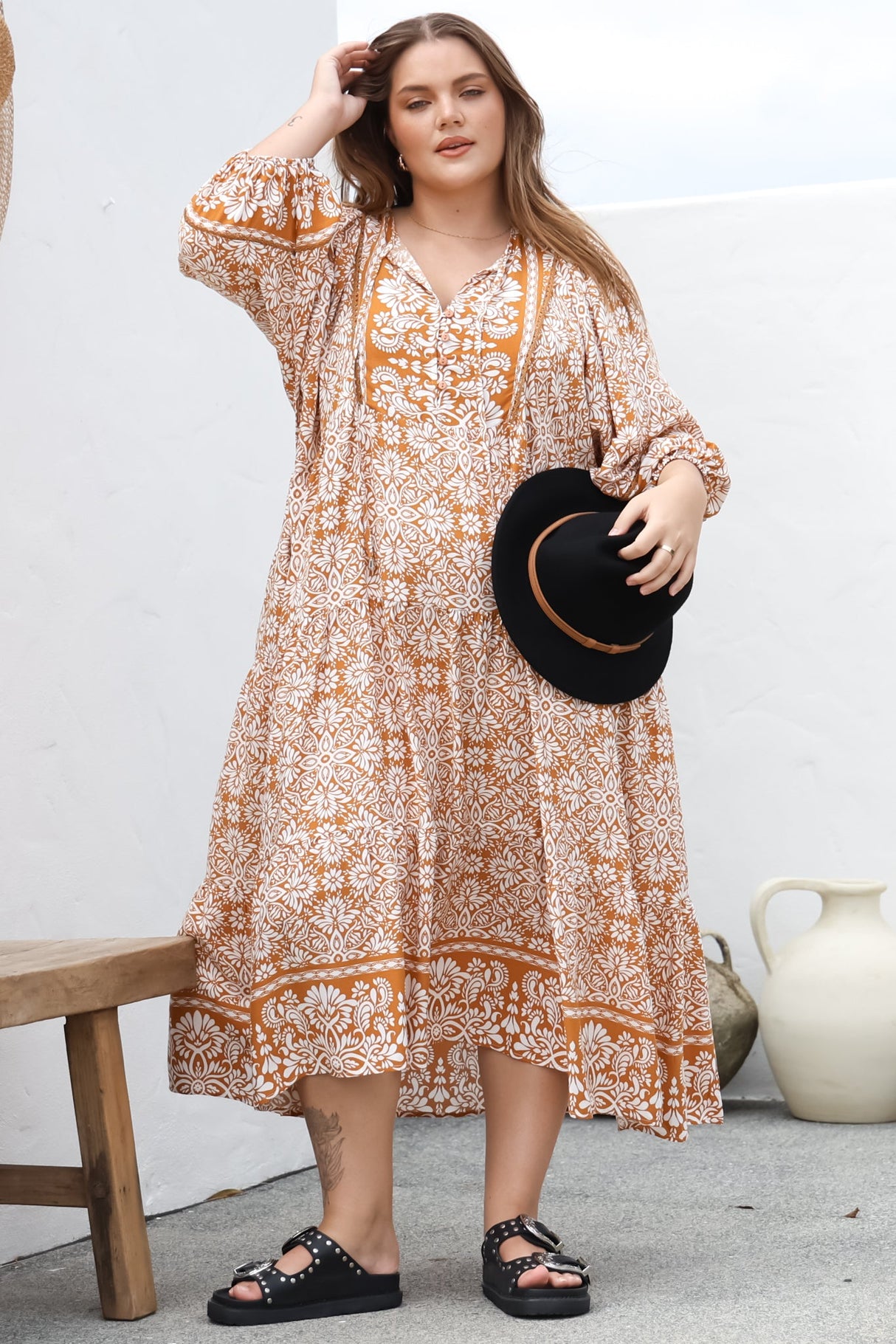Kamali Midi Dress - Batwing Sleeve Smock Dress with Lace Detailing in Harley Print Rust
