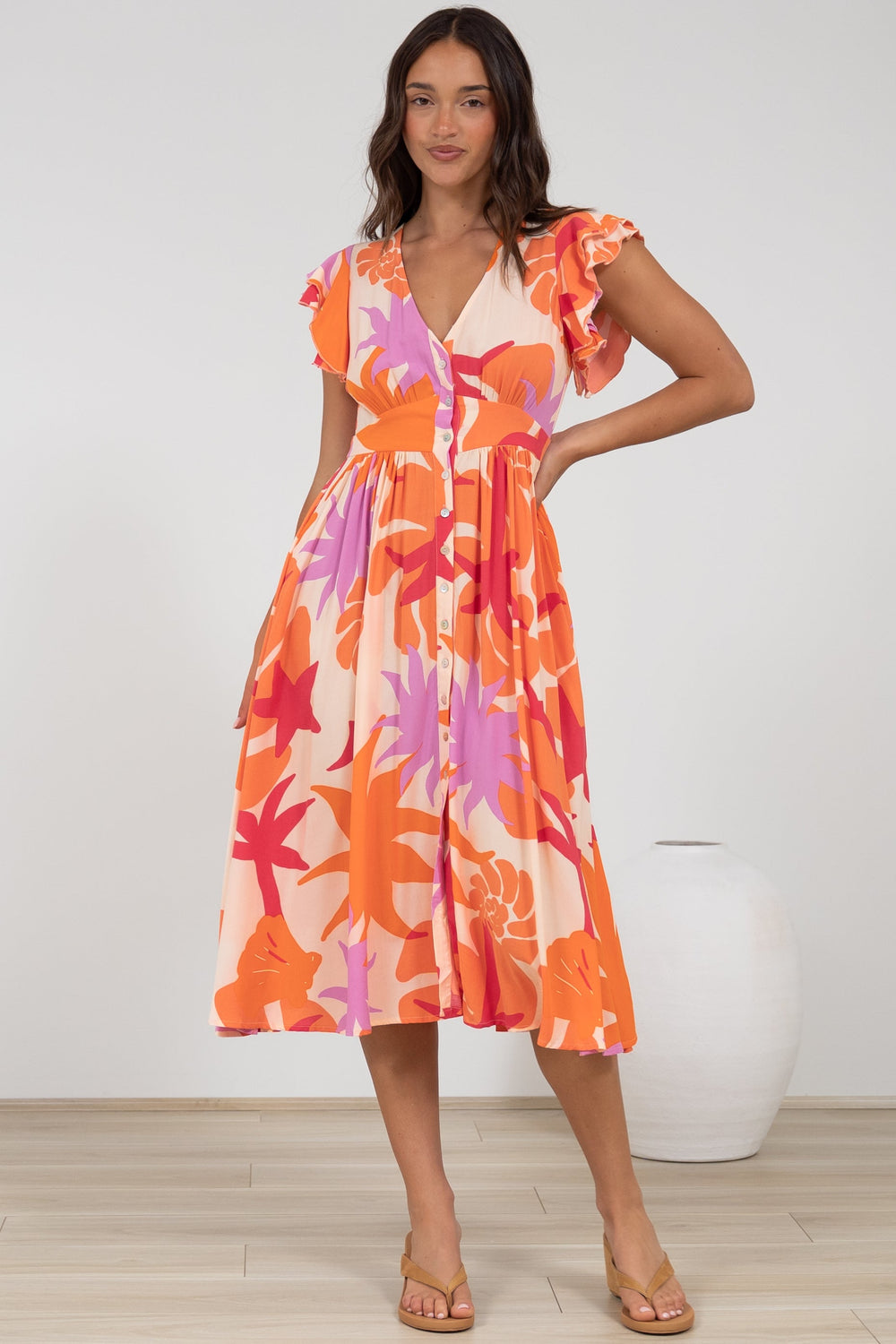 Karah Midi Dress - V Neck Frill Sleeve Dress in Kendal Print