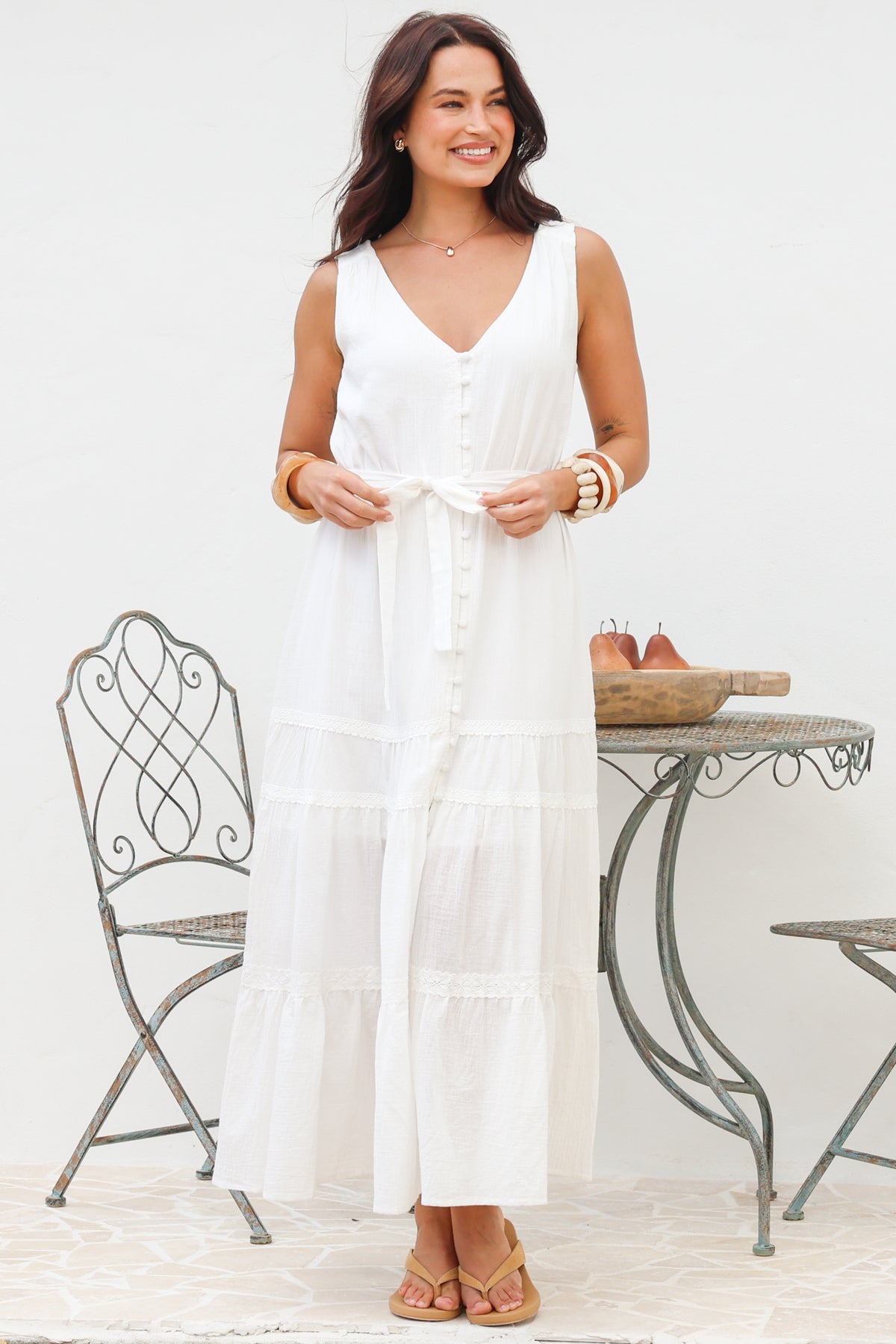 Karen Maxi Dress - Sleeveless Tiered Button Down with Lace Splicing and Waist Tie in White
