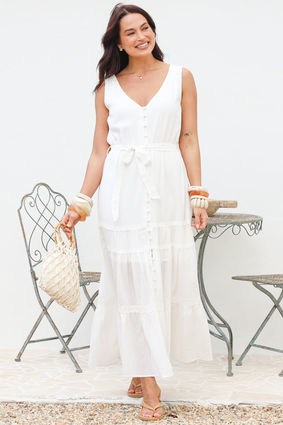 Karen Maxi Dress - Sleeveless Tiered Button Down with Lace Splicing and Waist Tie in White