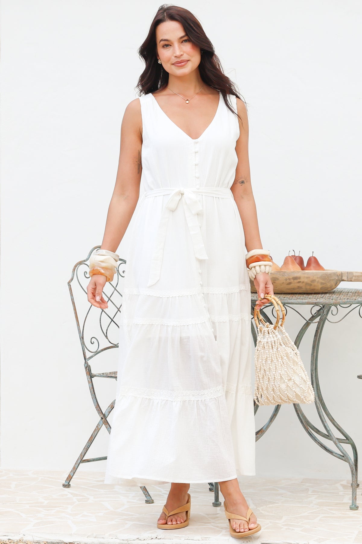 Karen Maxi Dress - Sleeveless Tiered Button Down with Lace Splicing and Waist Tie in White
