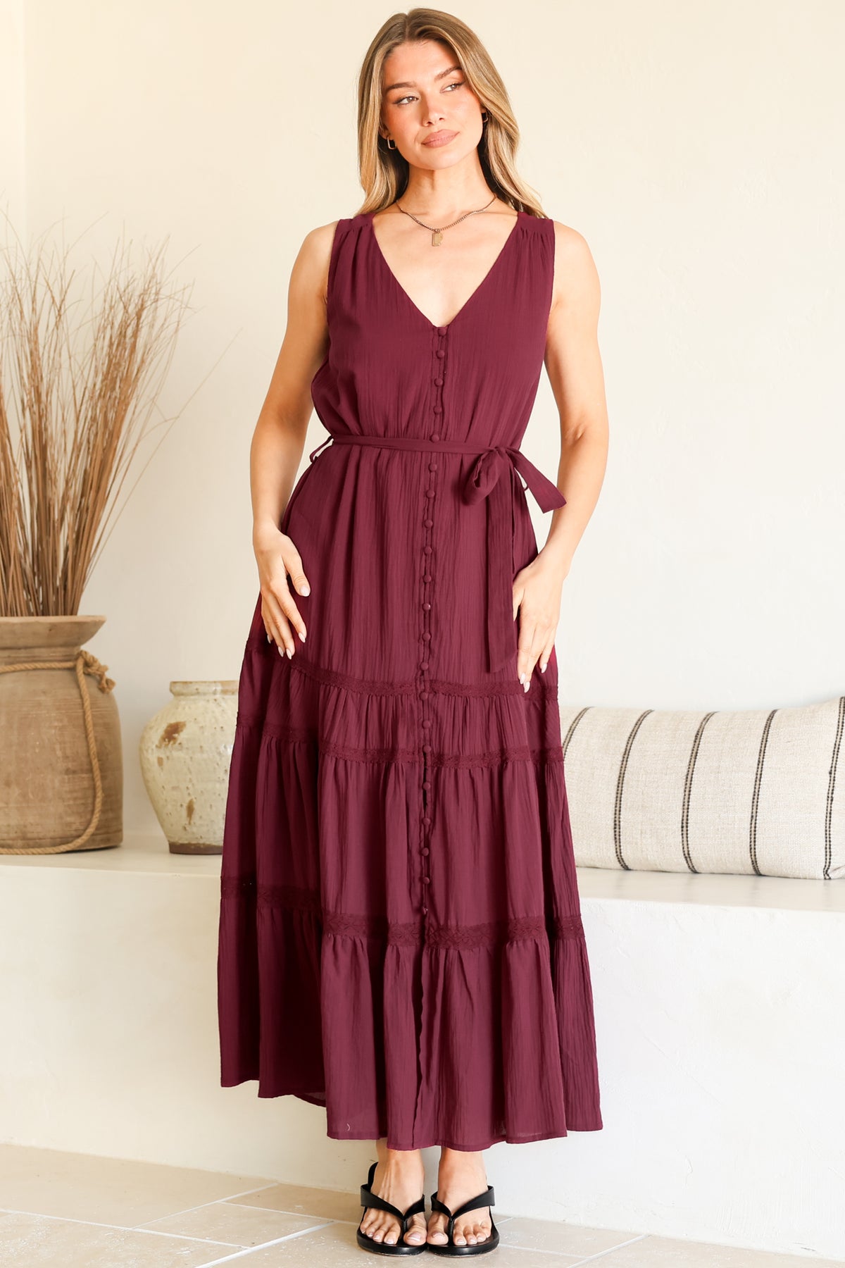 Karen Maxi Dress - Sleeveless Tiered Button Down with Lace Splicing and Waist Tie in Wine