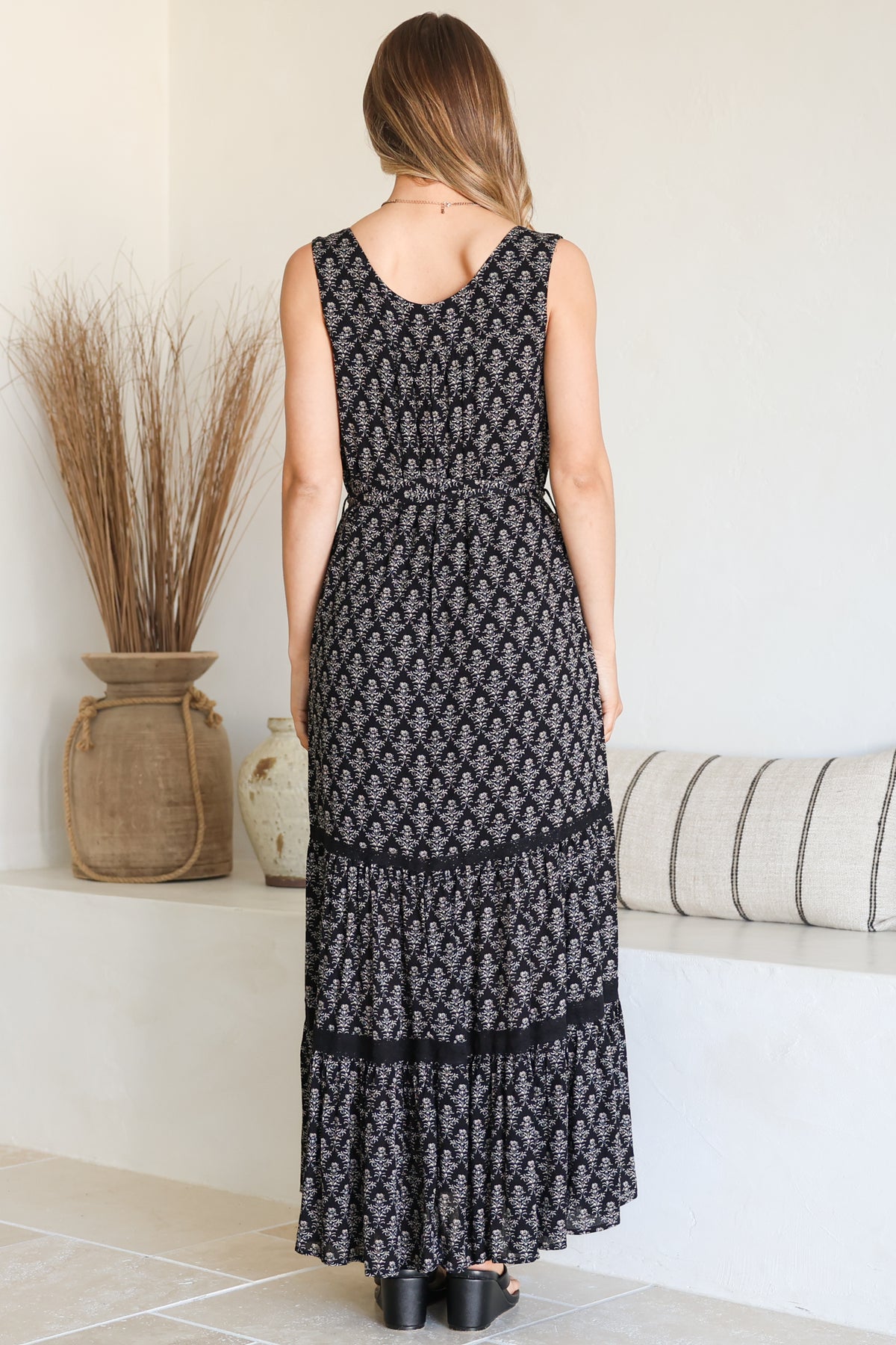 Karen Maxi Dress - Sleeveless Tiered Button Down with Lace Splicing and Waist Tie in Almaya Print