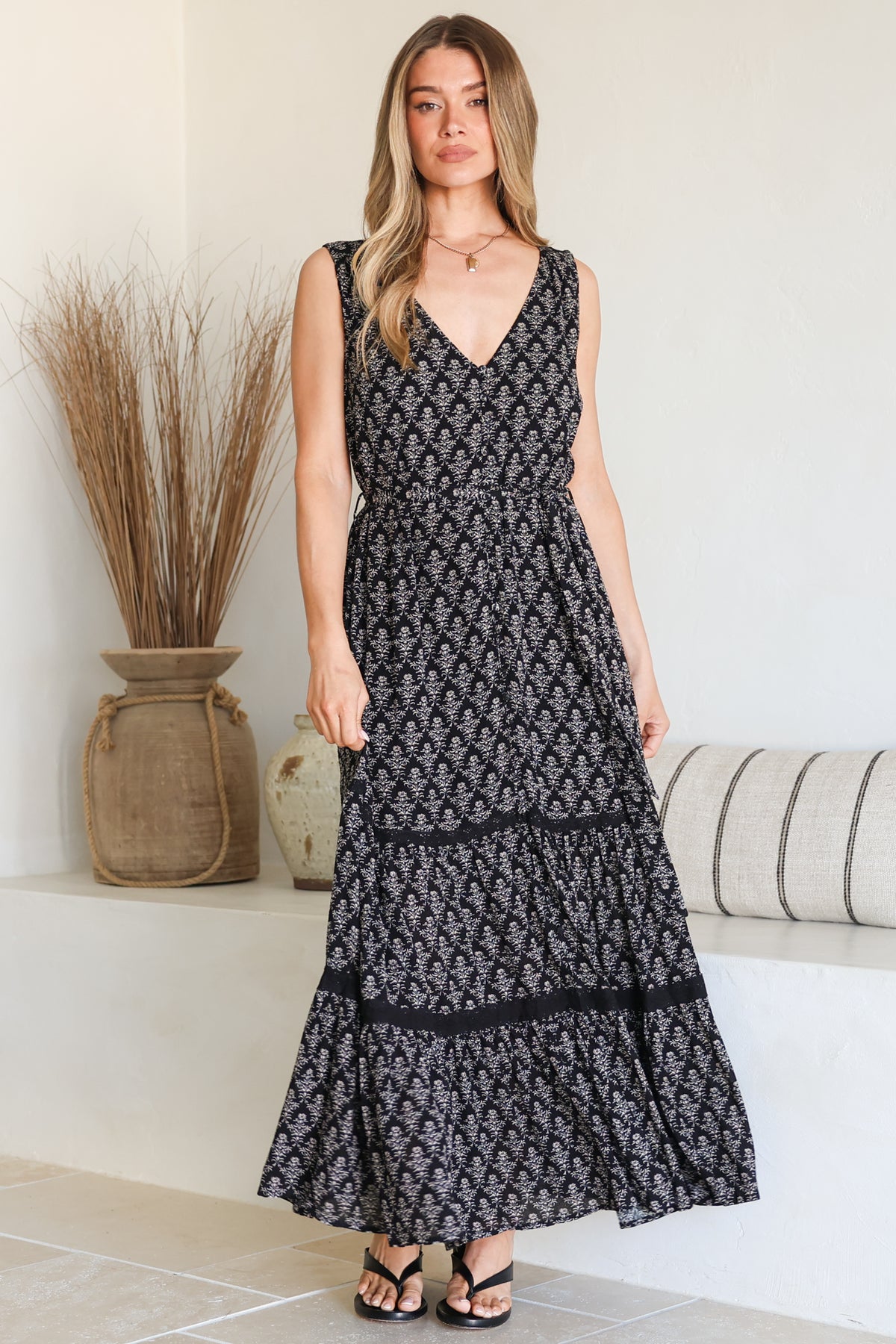 Karen Maxi Dress - Sleeveless Tiered Button Down with Lace Splicing and Waist Tie in Almaya Print
