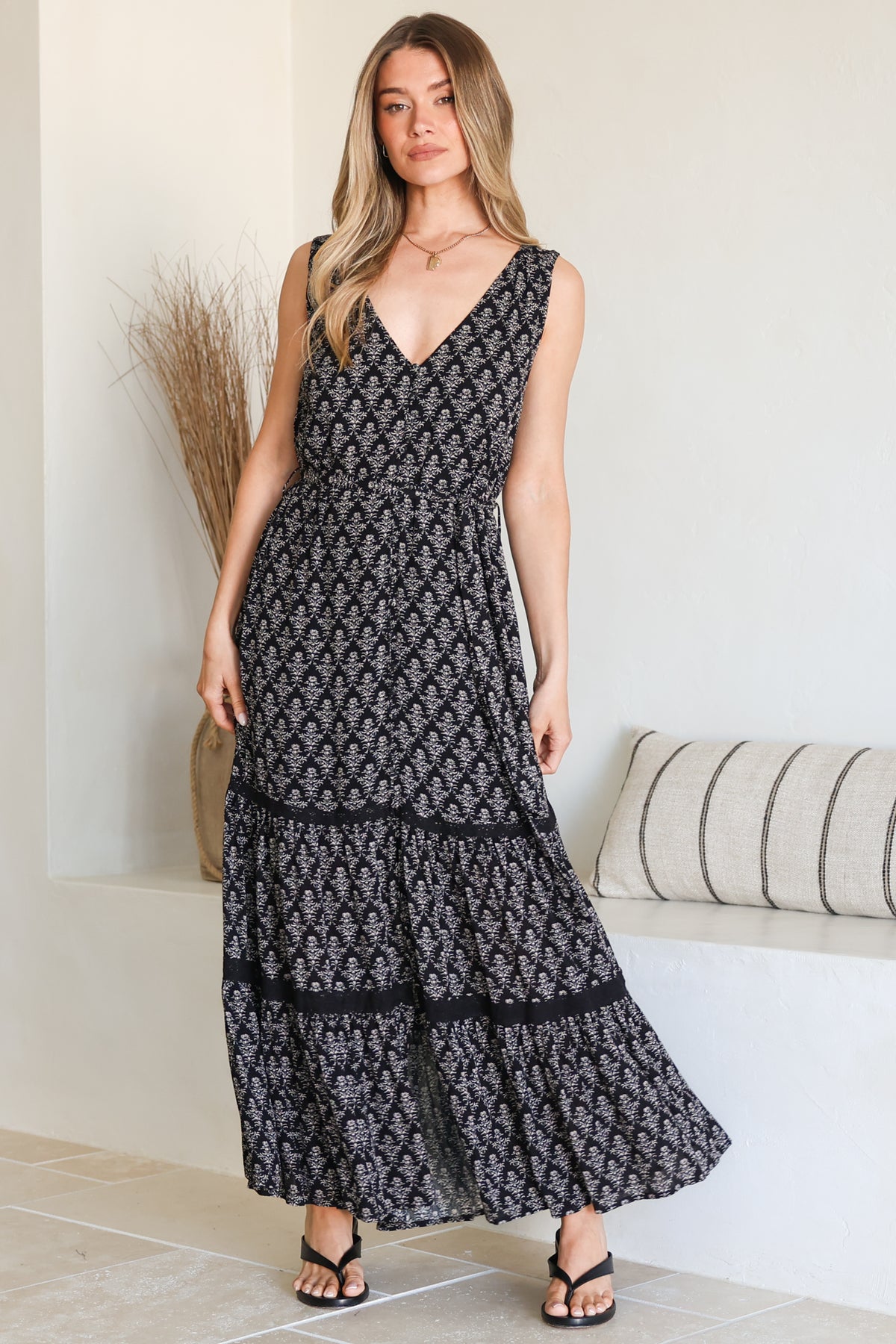 Karen Maxi Dress - Sleeveless Tiered Button Down with Lace Splicing and Waist Tie in Almaya Print