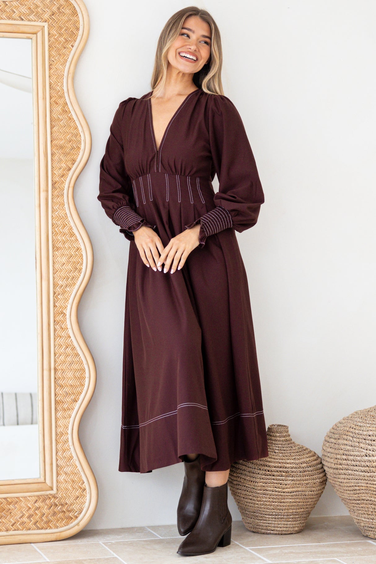 Karey Midi Dress - Fit and Flare Contrasr Stitching Dress in Wine