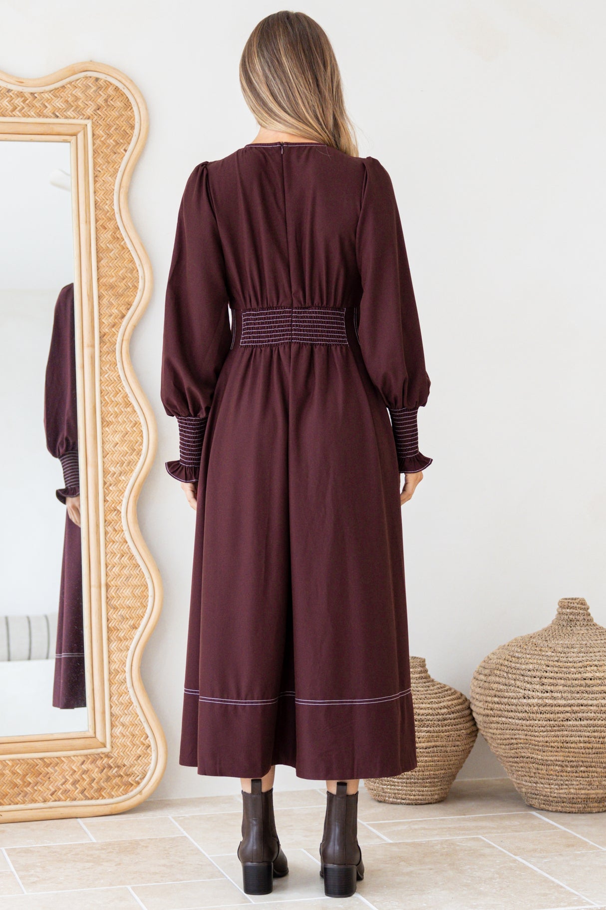 Karey Midi Dress - Fit and Flare Contrasr Stitching Dress in Wine