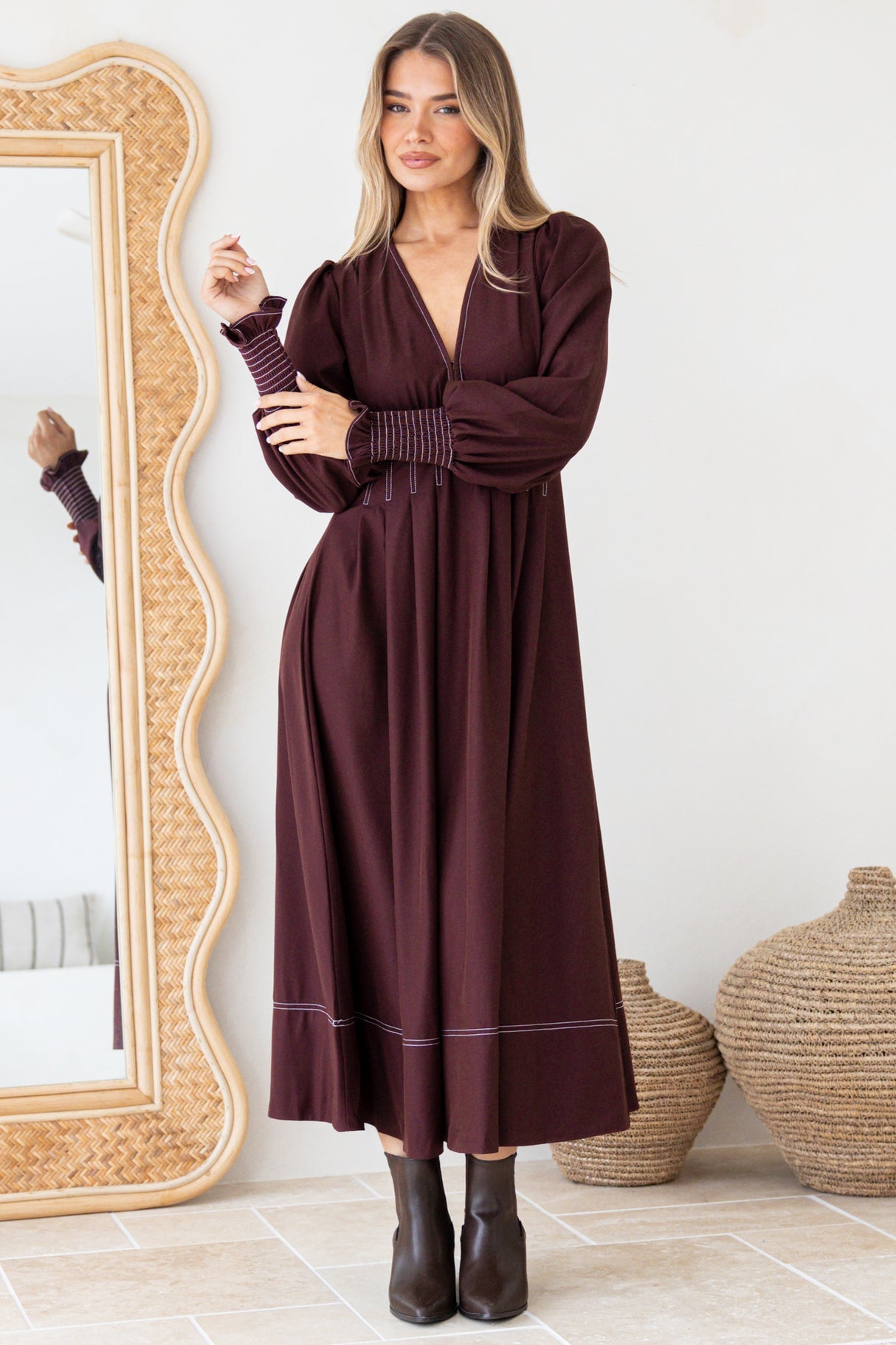 Karey Midi Dress - Fit and Flare Contrasr Stitching Dress in Wine