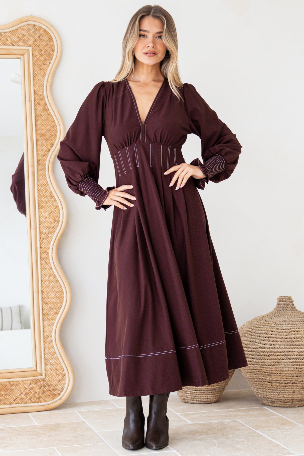 Karey Midi Dress - Fit and Flare Contrasr Stitching Dress in Wine