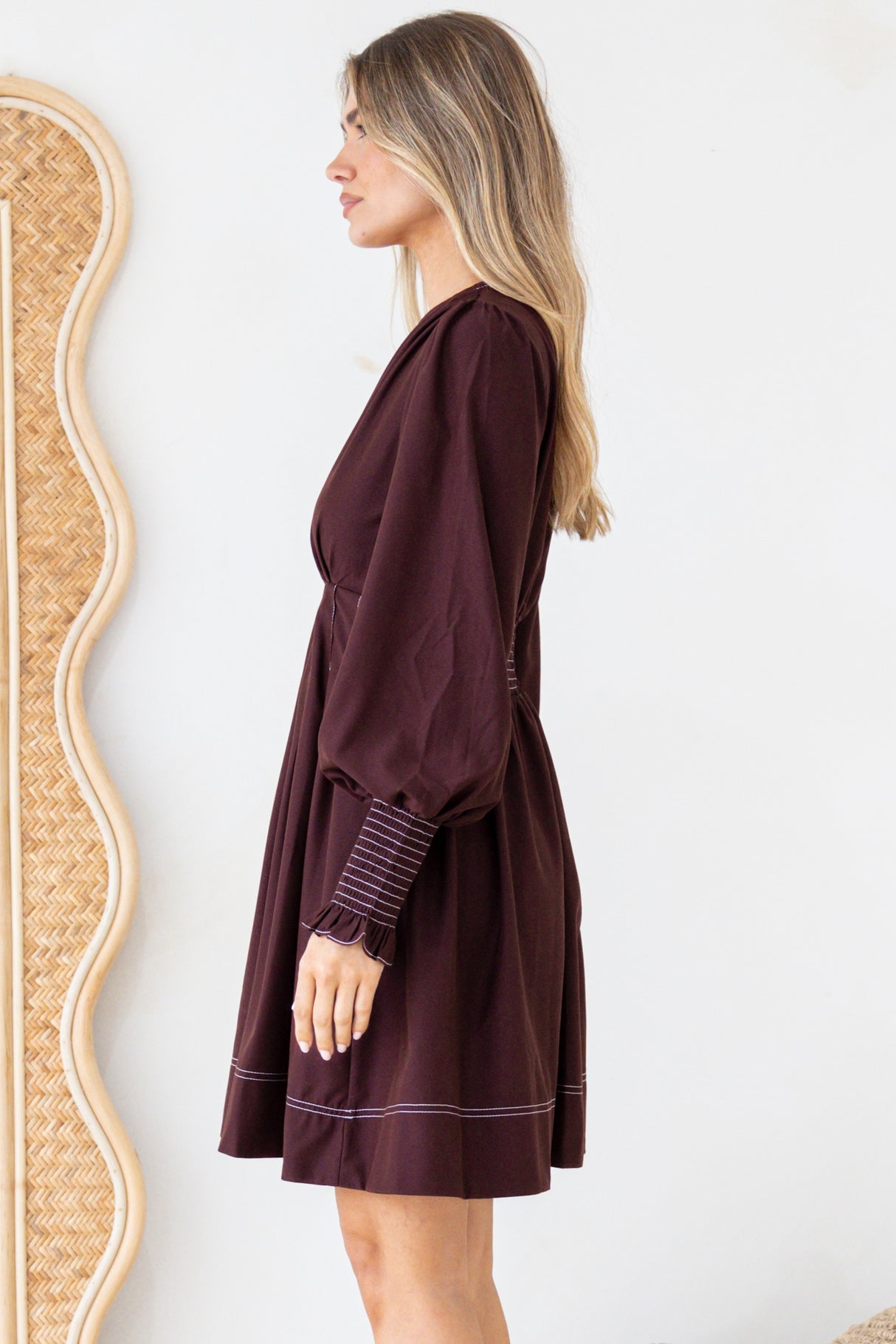 Karey Mini Dress - Fit and Flare Contrasr Stitching Dress in Wine