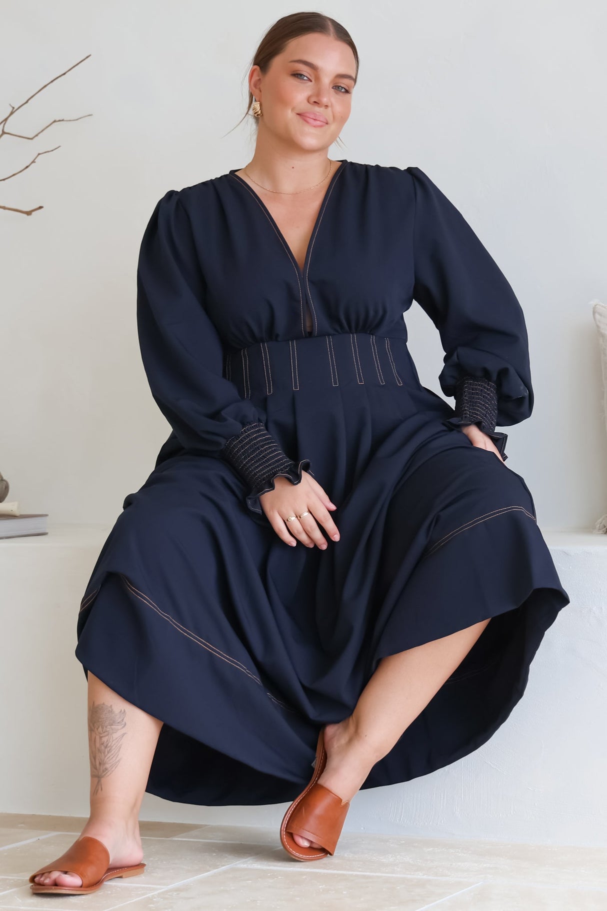 Karey Midi Dress - Dark Denim Fit and Flare Contrast Stitching Midi Dress