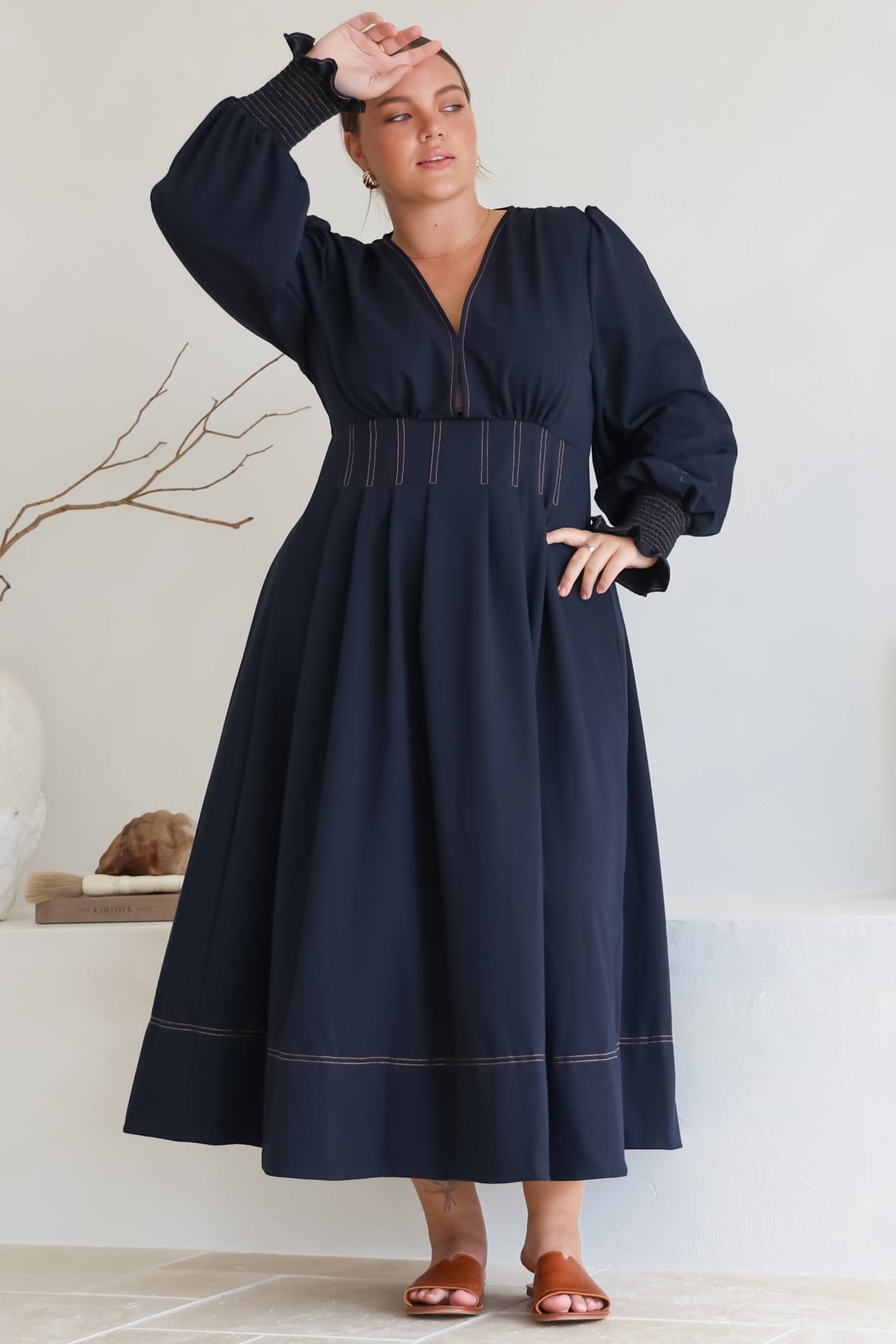 Karey Midi Dress - Dark Denim Fit and Flare Contrast Stitching Midi Dress