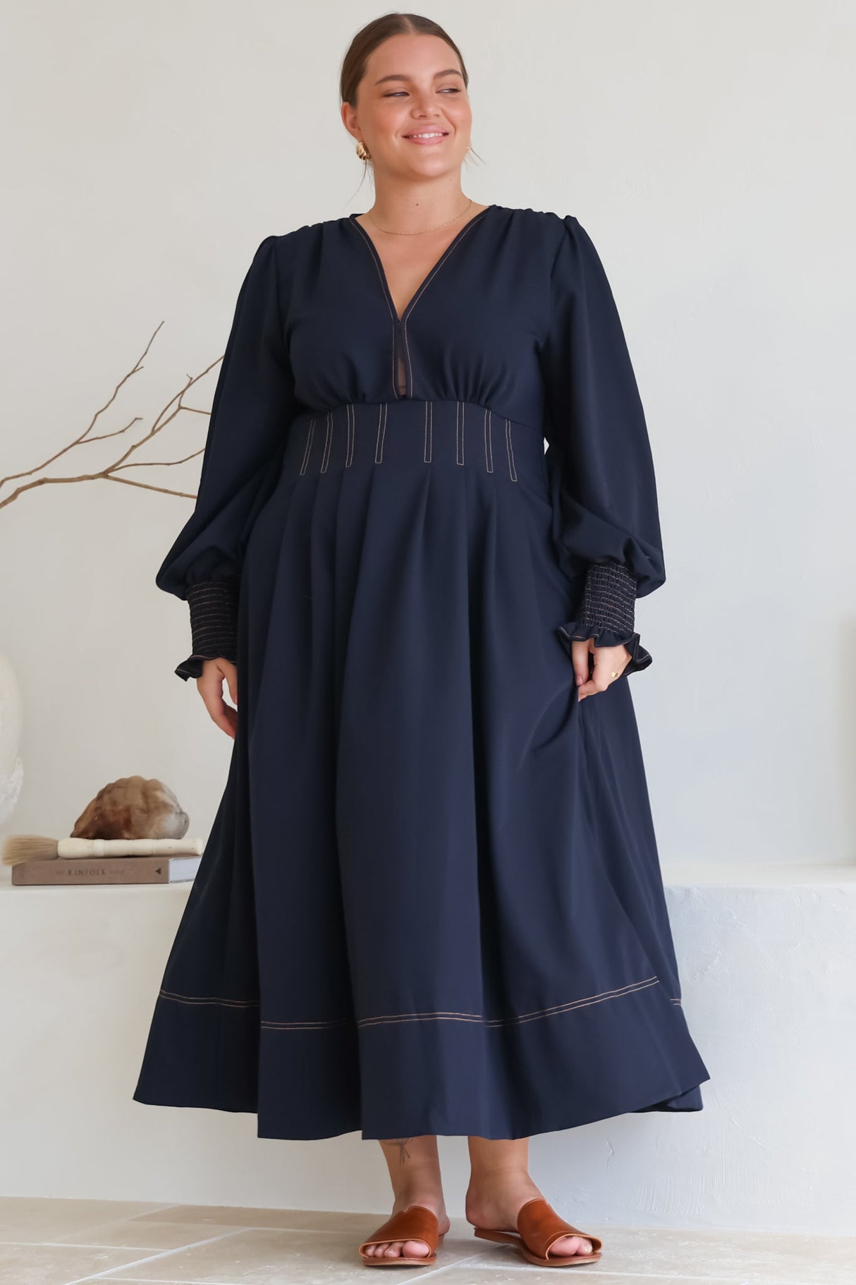 Karey Midi Dress - Dark Denim Fit and Flare Contrast Stitching Midi Dress