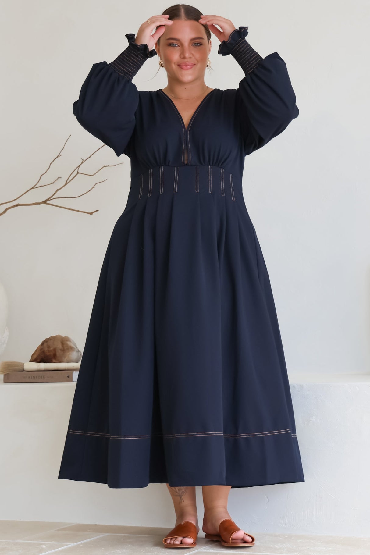 Karey Midi Dress - Dark Denim Fit and Flare Contrast Stitching Midi Dress