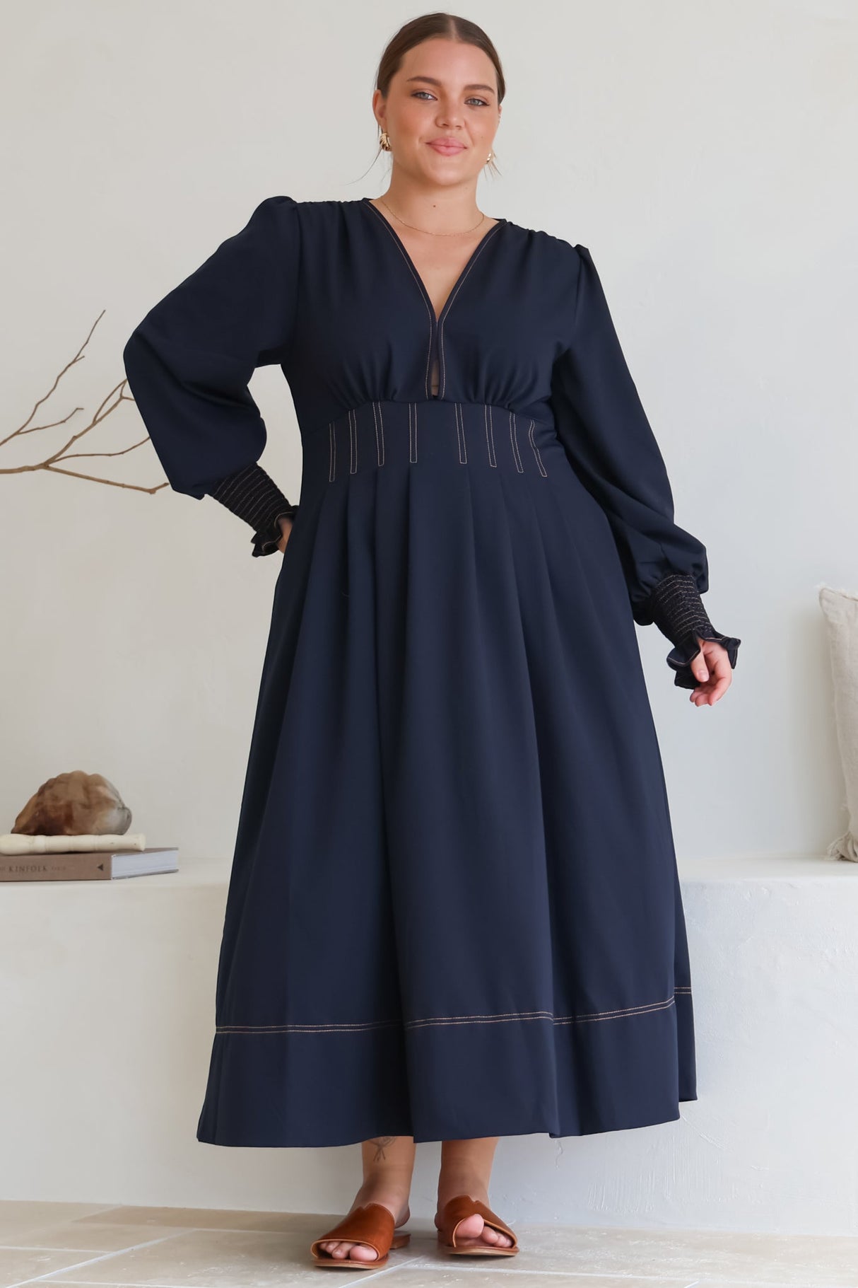 Karey Midi Dress - Dark Denim Fit and Flare Contrast Stitching Midi Dress