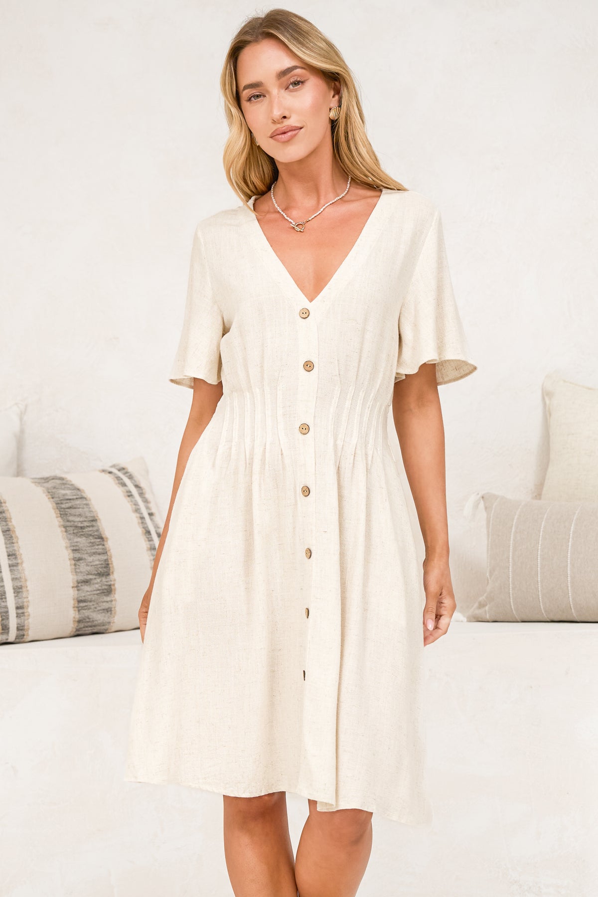 Karin Mini Dress - V Neck Flutter Sleeve Mini with Decorative Front Button Placket in Beige