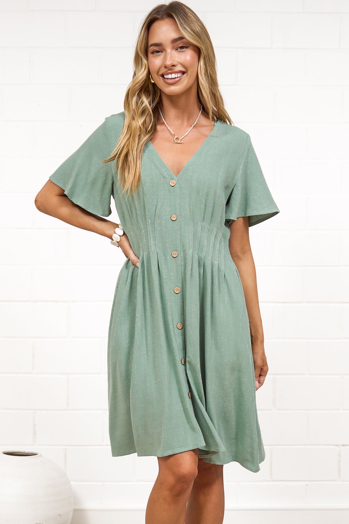 Karin Mini Dress - V Neck Flutter Sleeve Mini with Decorative Front Button Placket in Sage