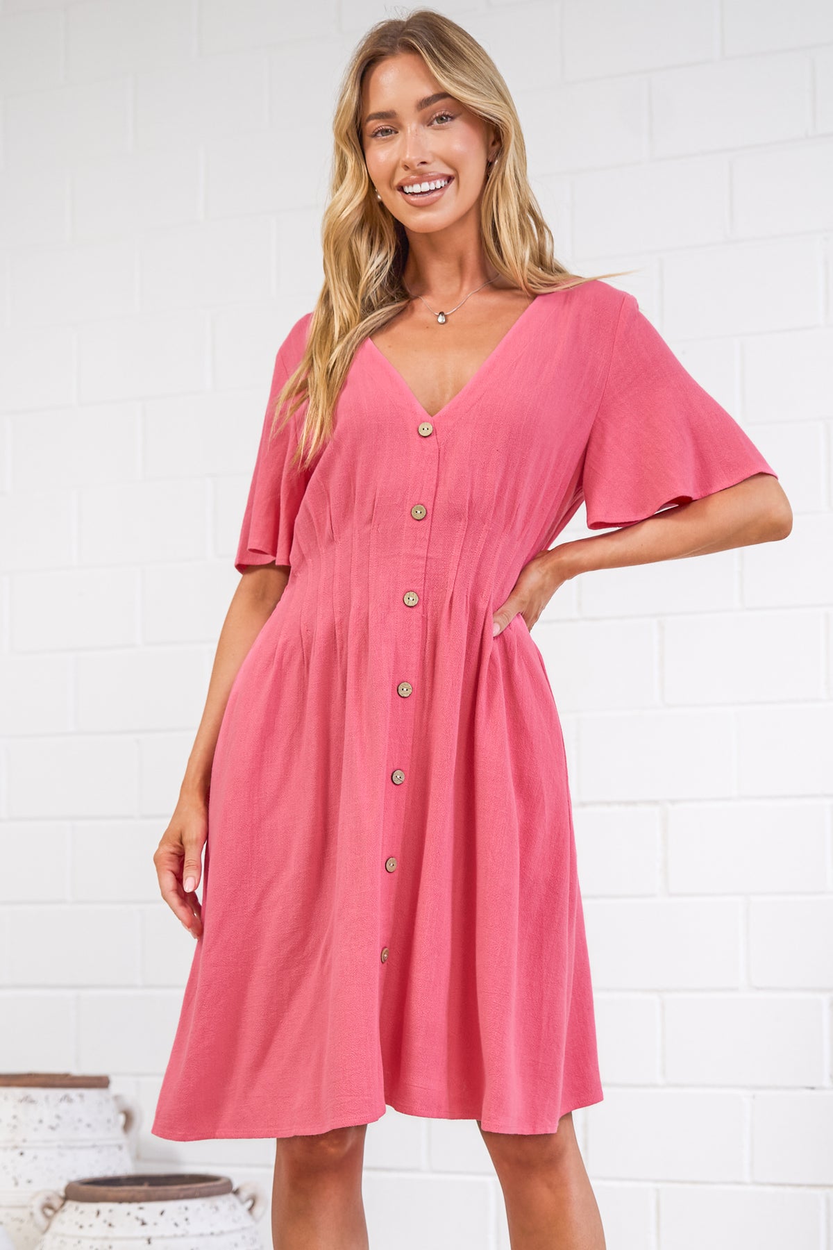 Karin Mini Dress - V Neck Flutter Sleeve Mini with Decorative Front Button Placket in Pink