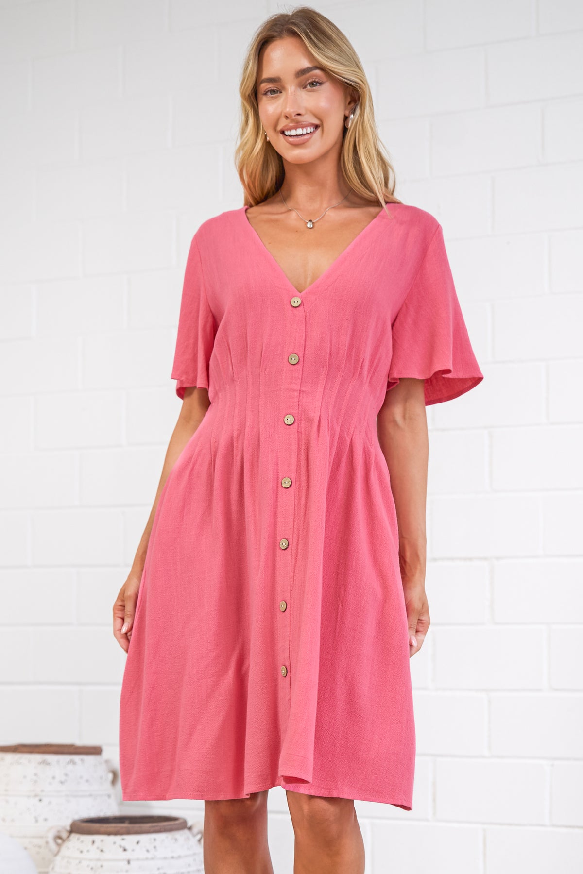 Karin Mini Dress - V Neck Flutter Sleeve Mini with Decorative Front Button Placket in Pink