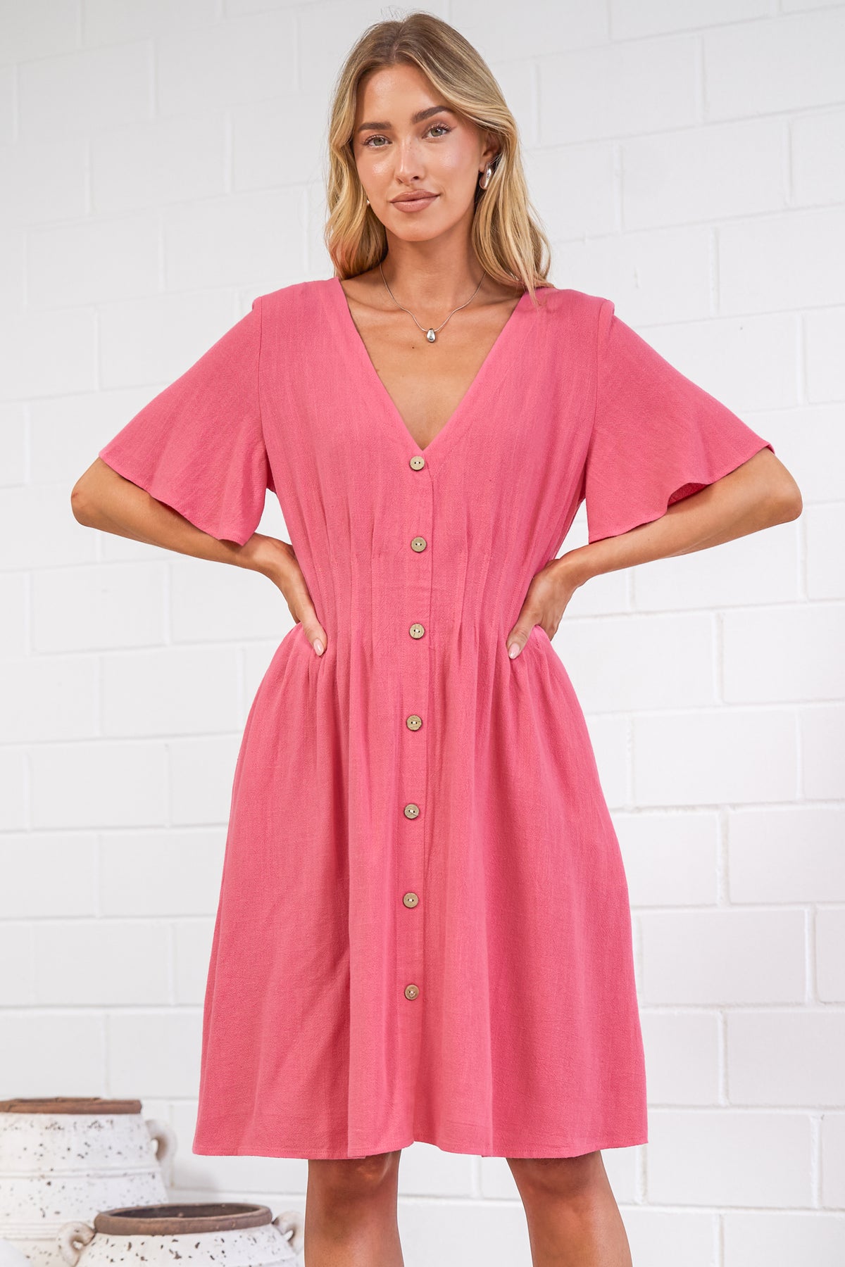 Karin Mini Dress - V Neck Flutter Sleeve Mini with Decorative Front Button Placket in Pink