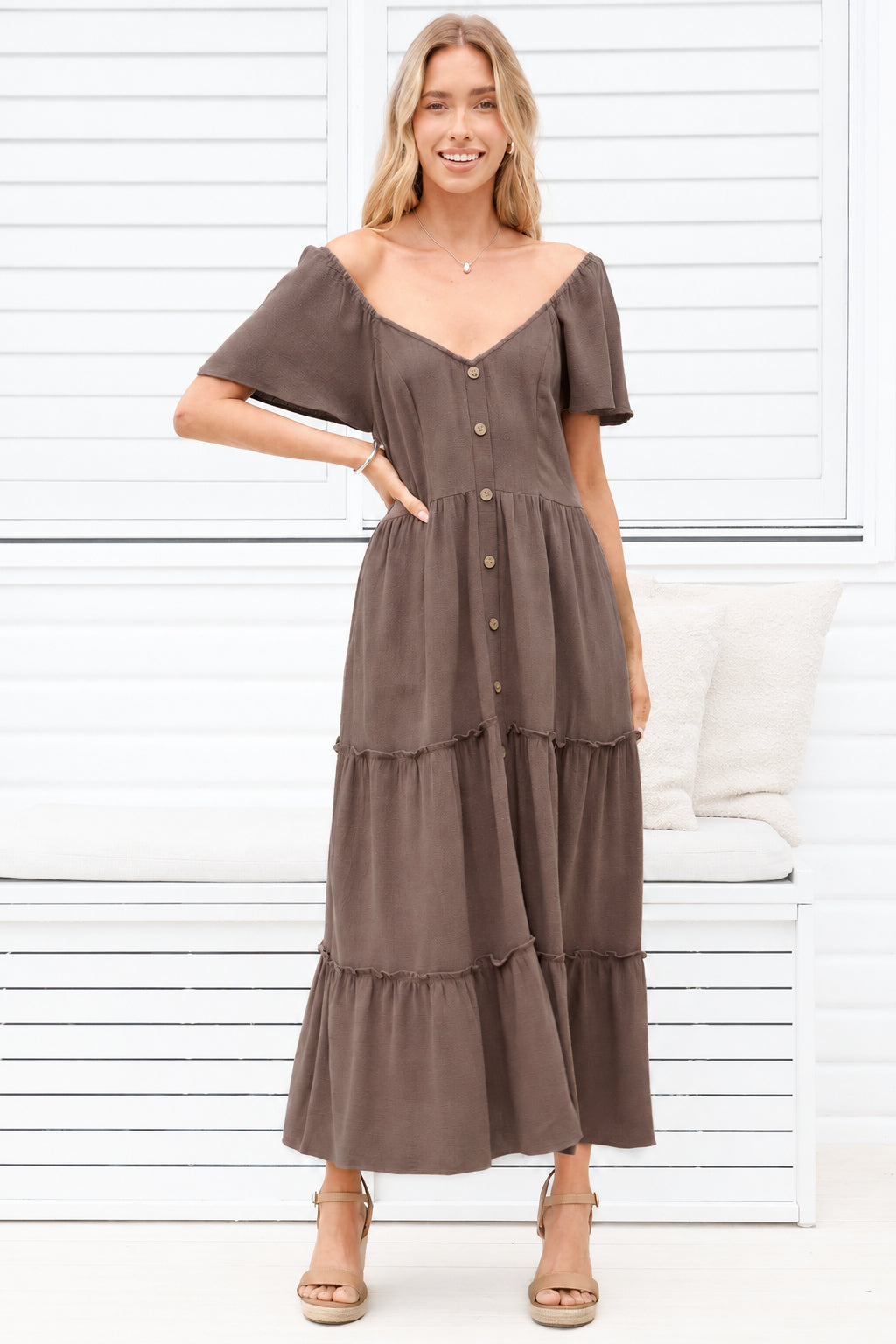 Model wearing Karina Midi Dress in Brown from Salty Crush