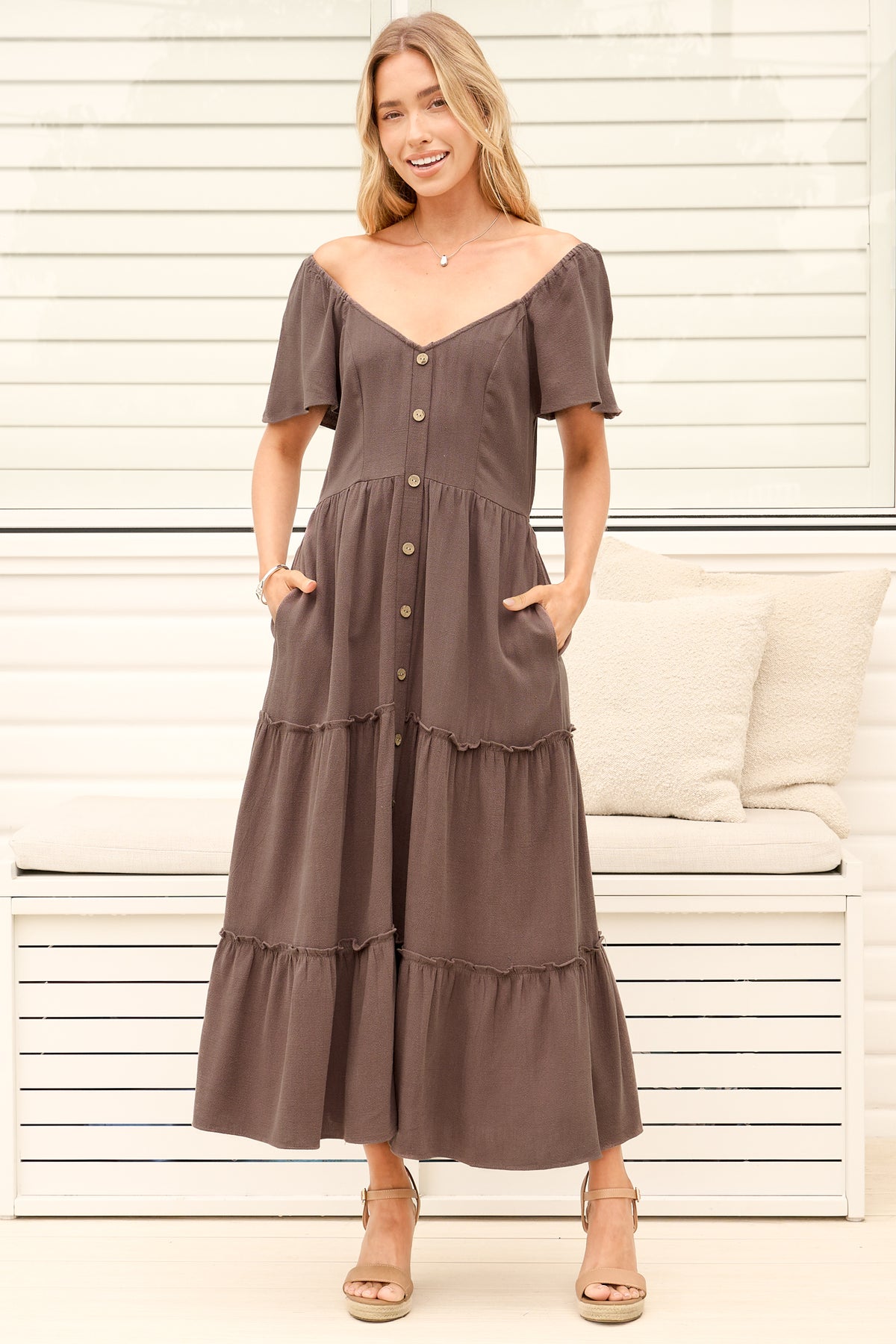Model wearing Karina Midi Dress in Brown from Salty Crush